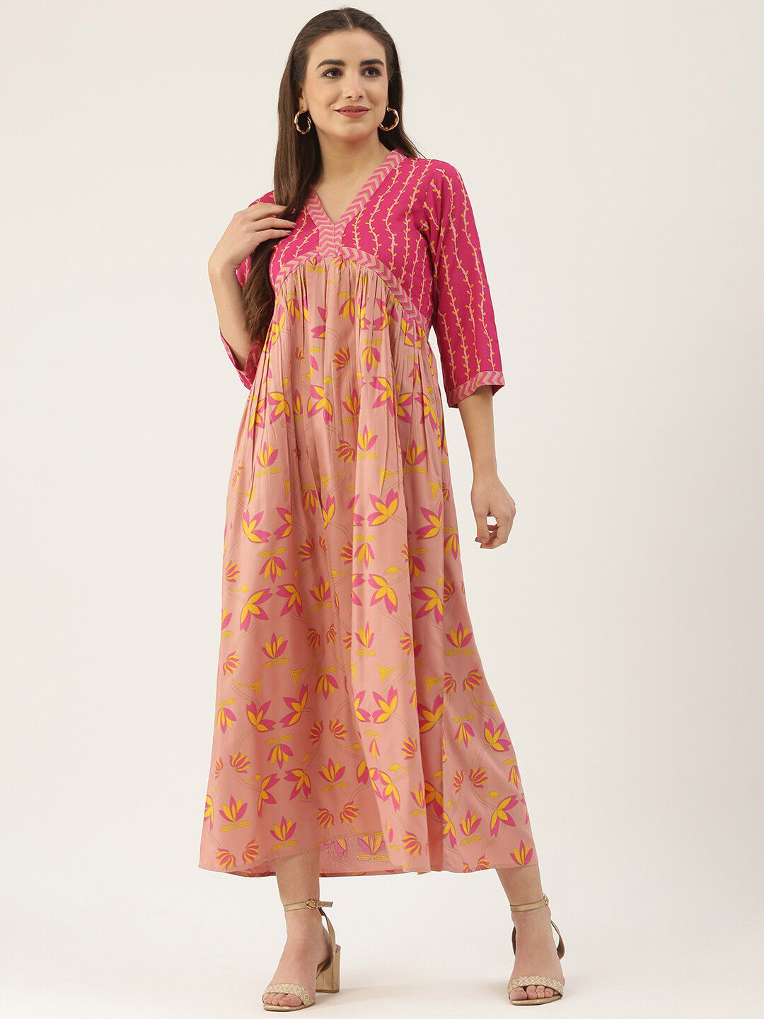 Rustorange Pink Floral A-Line Dress Price in India
