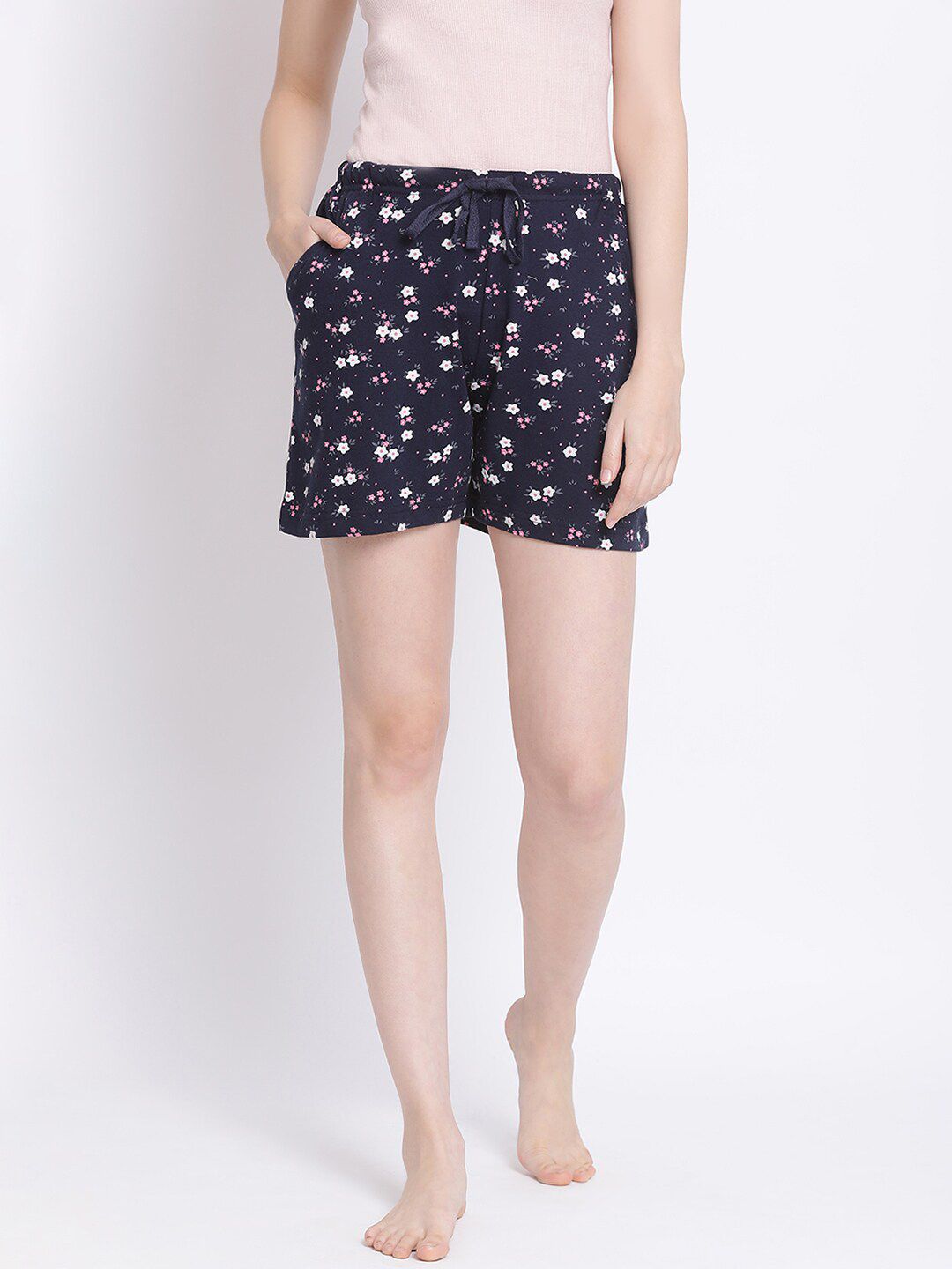 Kanvin Women Navy Blue & White Floral Printed Pure Cotton Lounge Shorts Price in India