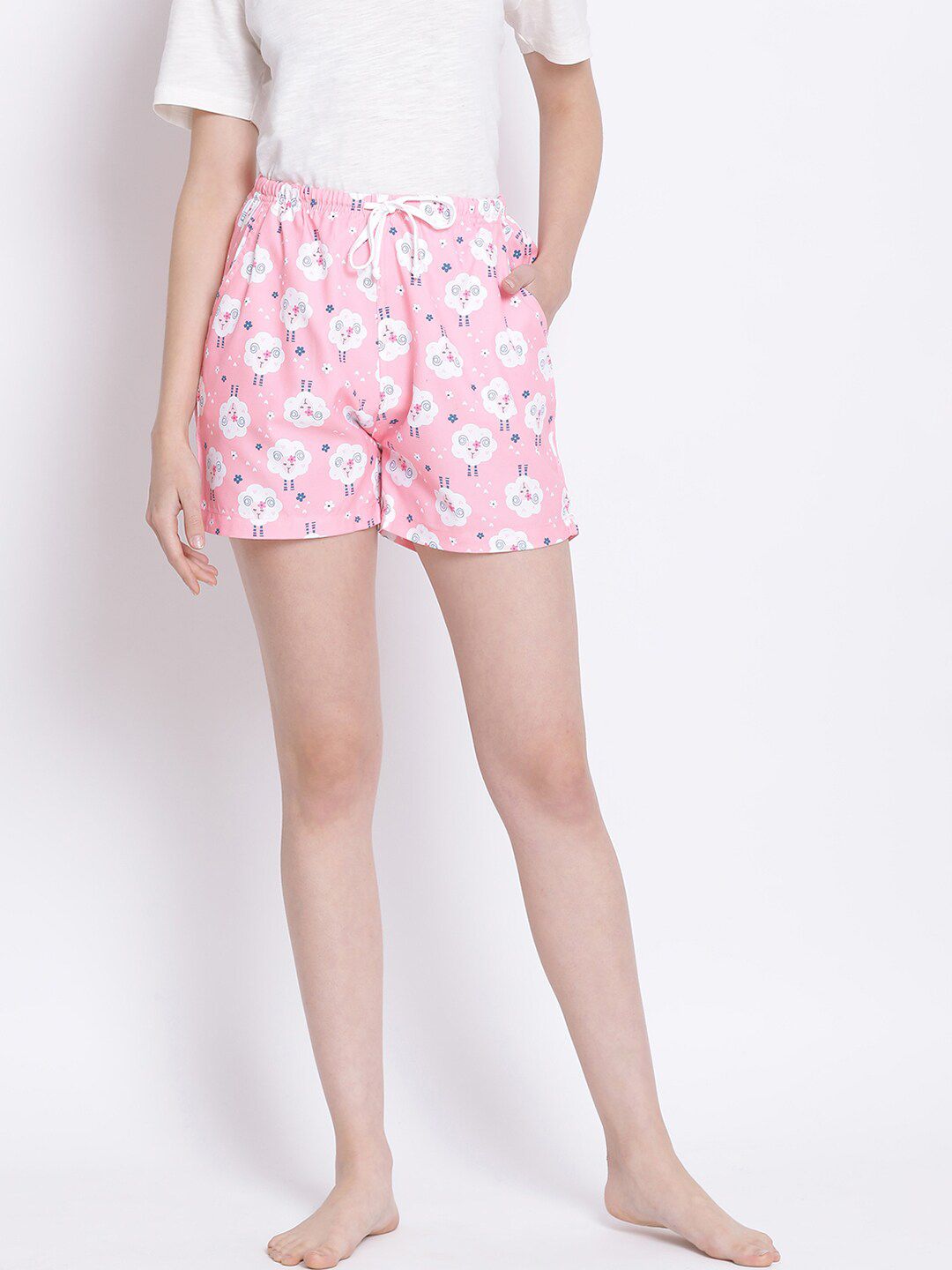 Kanvin Women Pink & White Printed Lounge Shorts Price in India