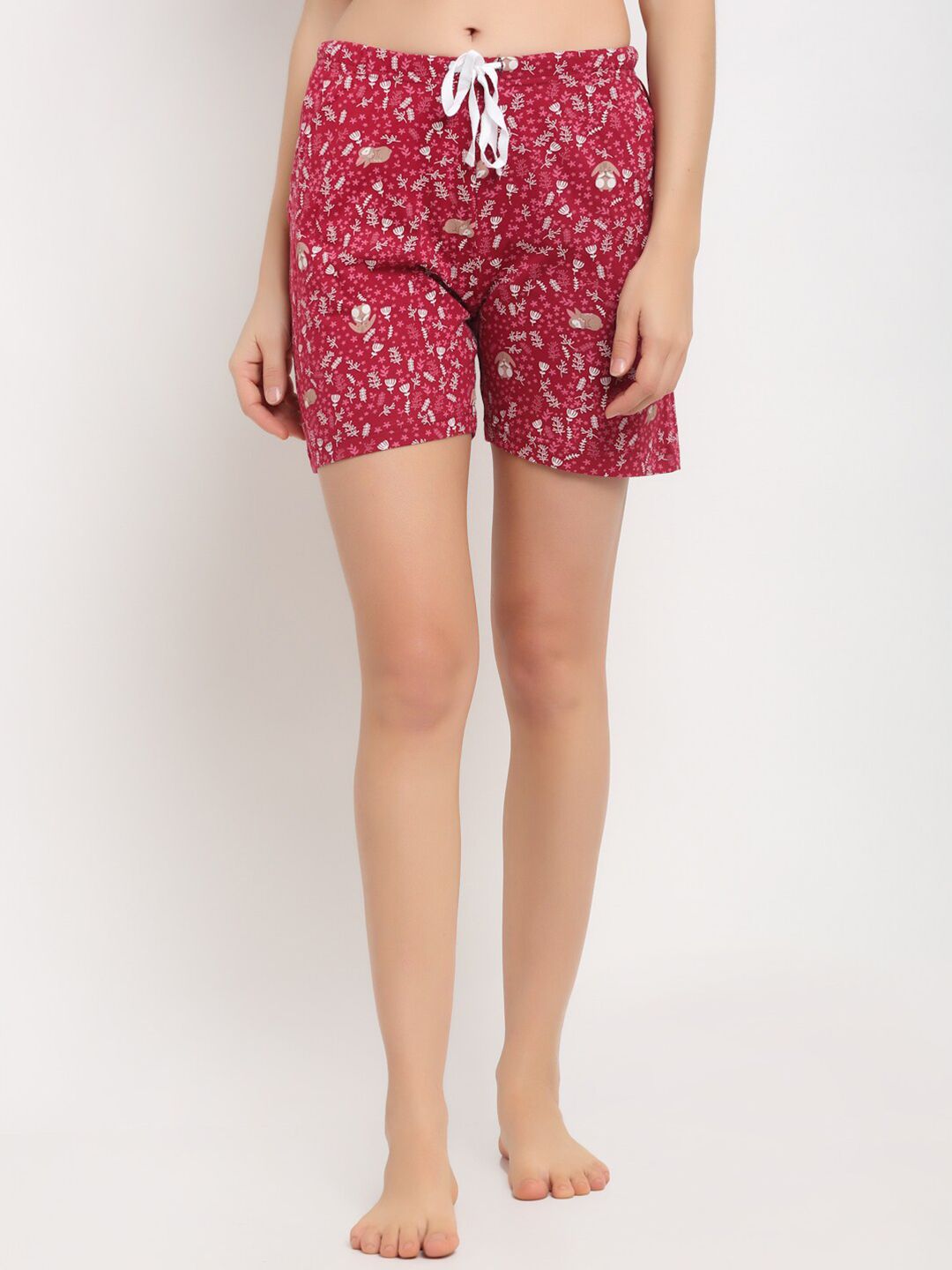 Kanvin Women Red & White Printed Pure Cotton Lounge Shorts Price in India