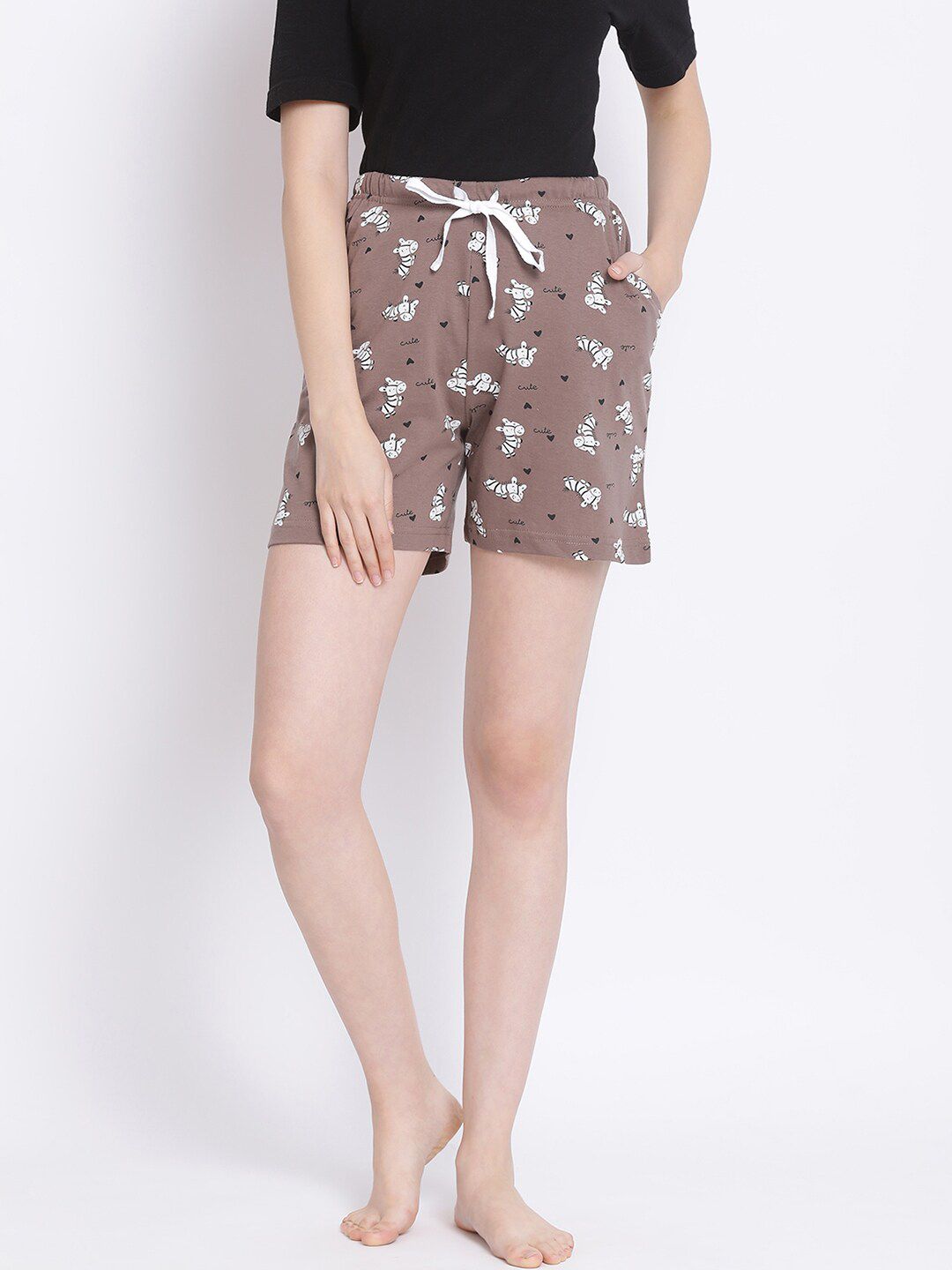 Kanvin Women Brown & White Printed Cotton Lounge Shorts Price in India