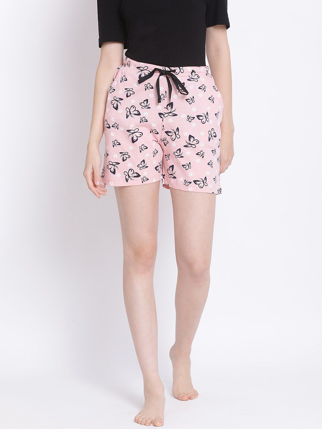 Kanvin Women Pink & Black Printed Pure Cotton Lounge Shorts Price in India