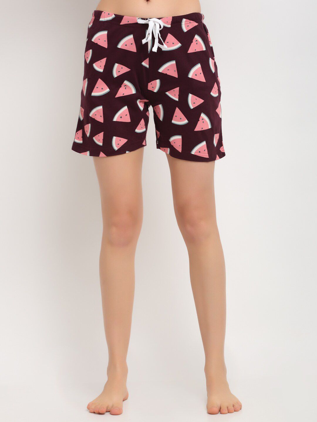 Kanvin Women Maroon & Pink Printed Pure Cotton Lounge Shorts Price in India