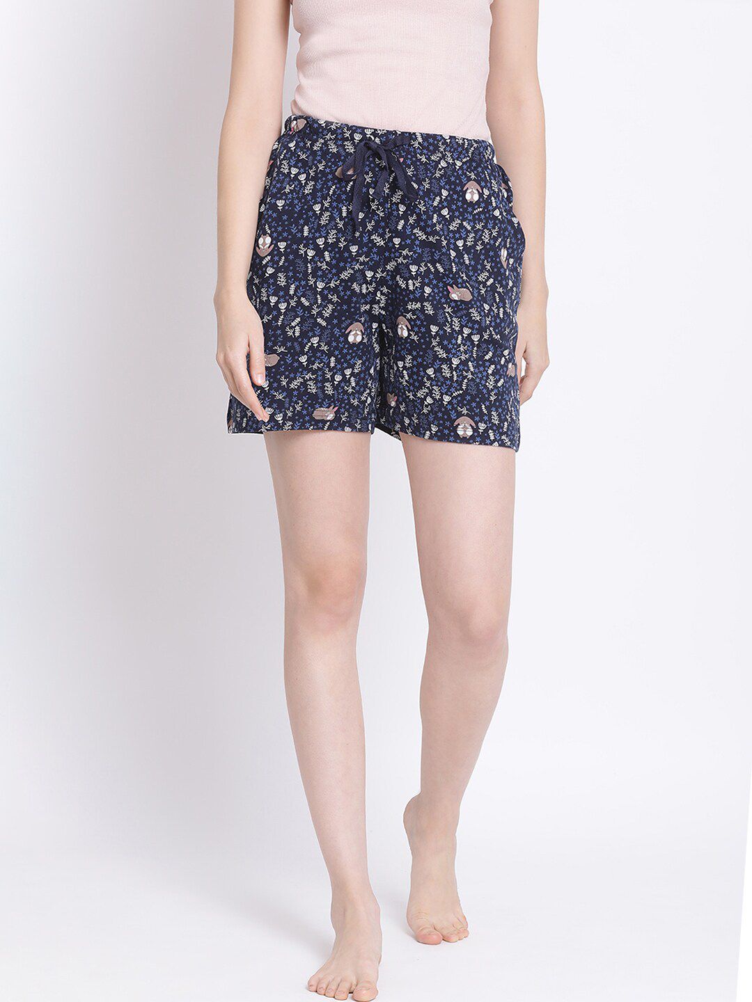 Kanvin Women Navy Blue & Pink Printed Lounge Shorts Price in India