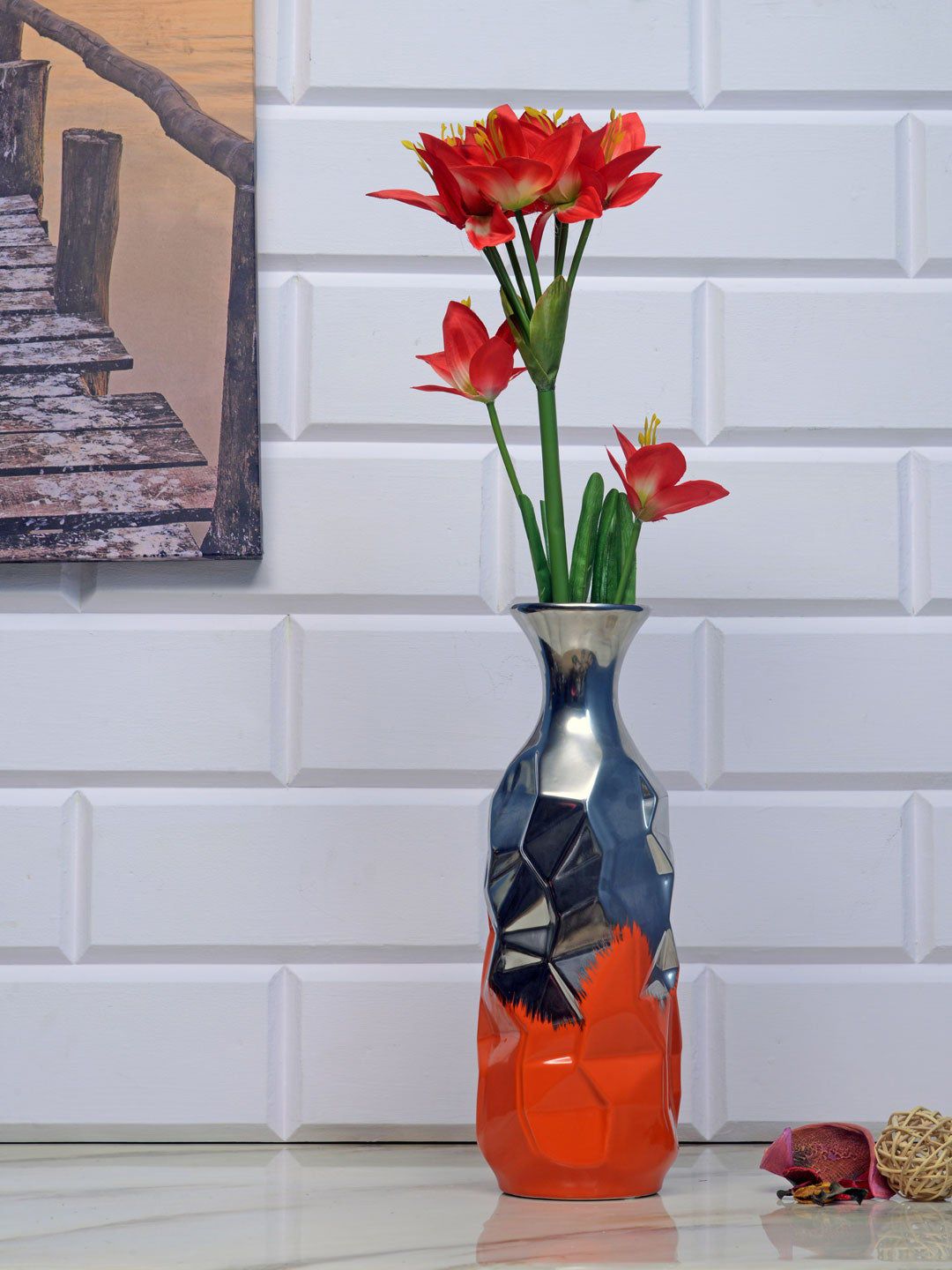 Athome by Nilkamal Red & Green Artificial Lily Stick Flower Without Pot Price in India