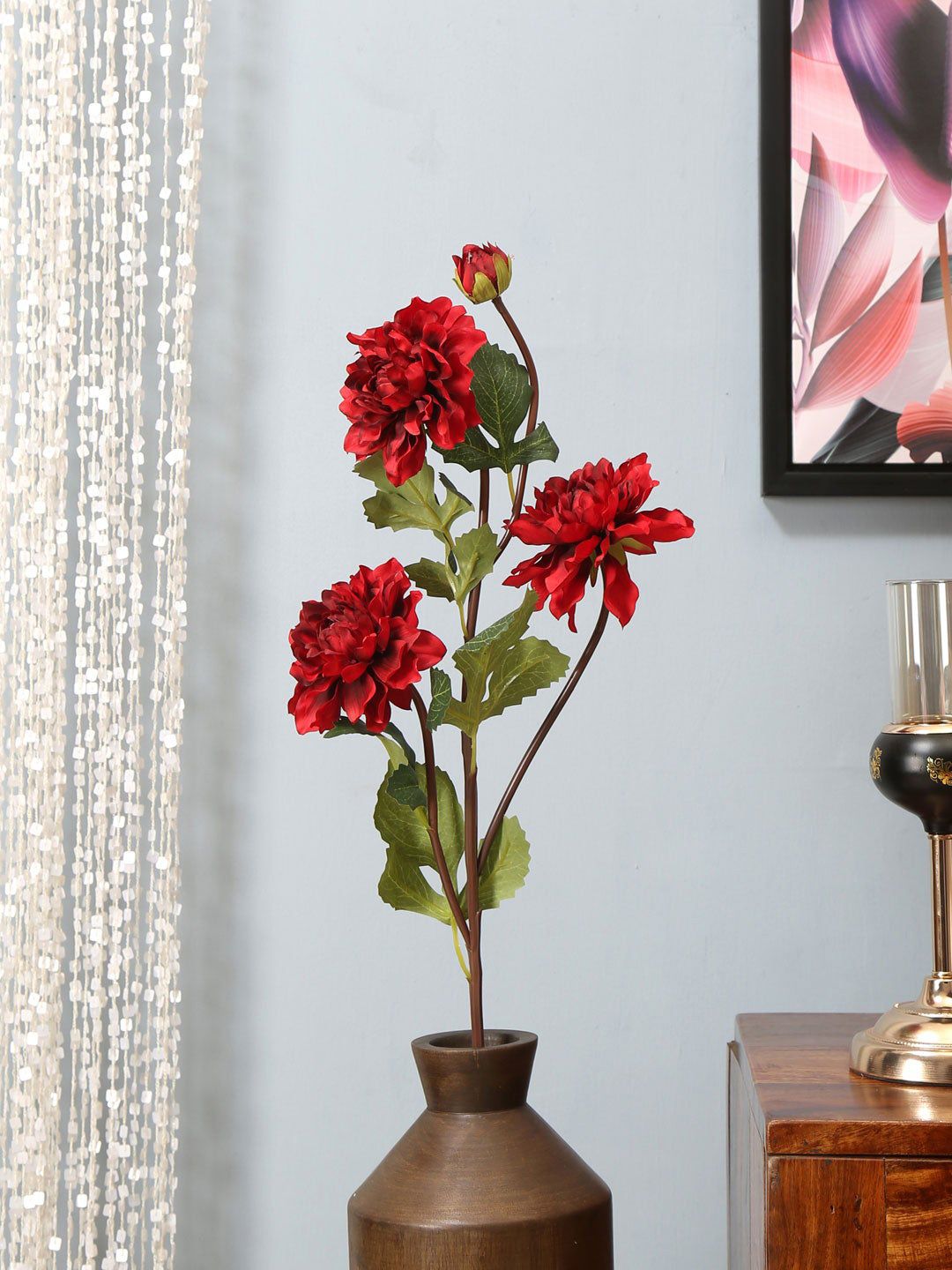 Athome by Nilkamal Red & Green Artificial Stick Dahlia Flower Price in India