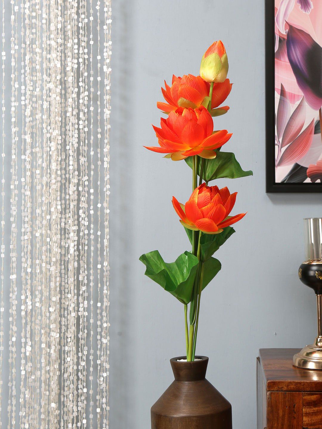 Athome by Nilkamal Red & Green Artificial Lotus Stick Flower Without Pot Price in India