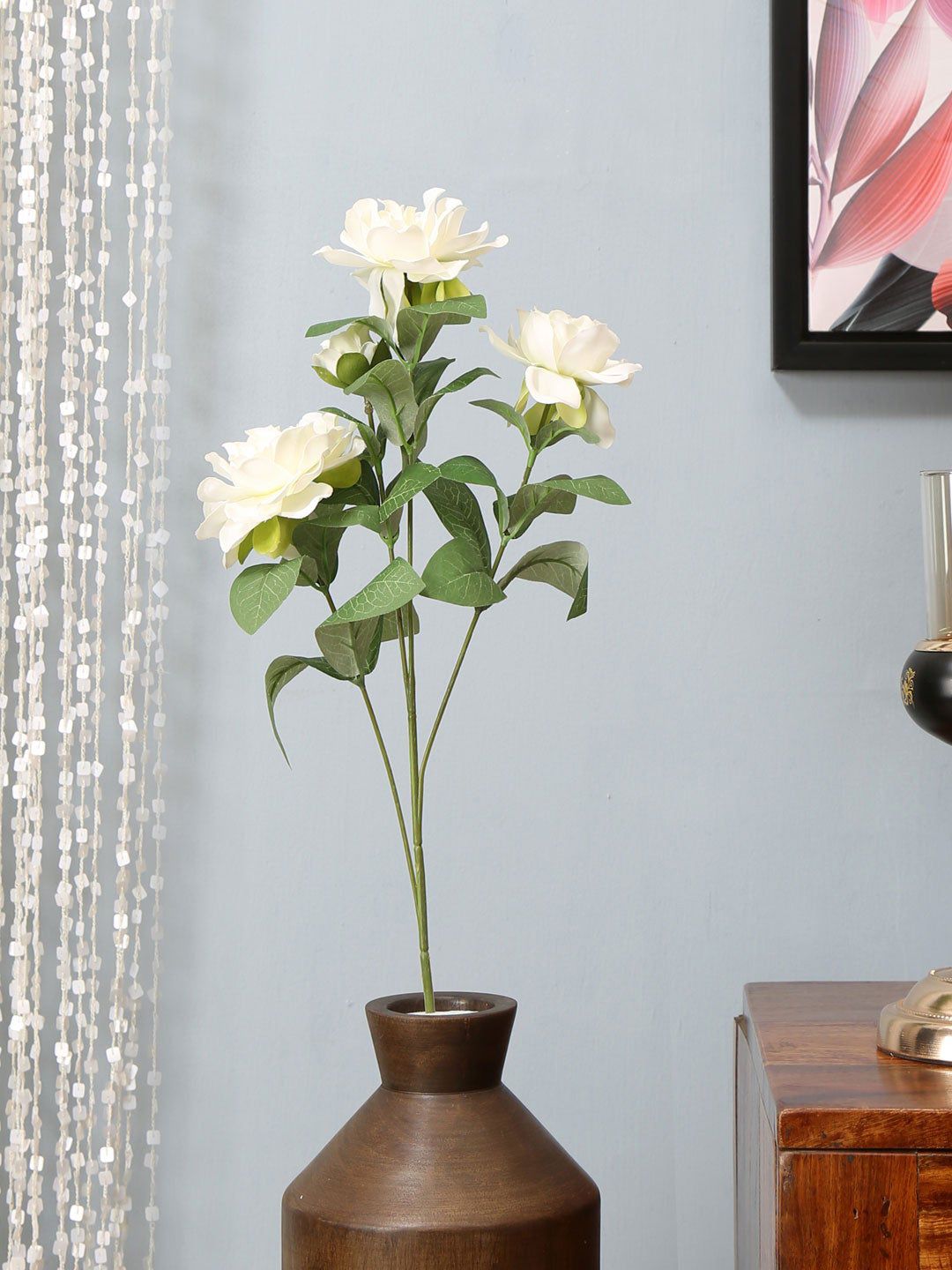 Athome by Nilkamal White & Green Artificial Rose Stick Flower Without Pot Price in India