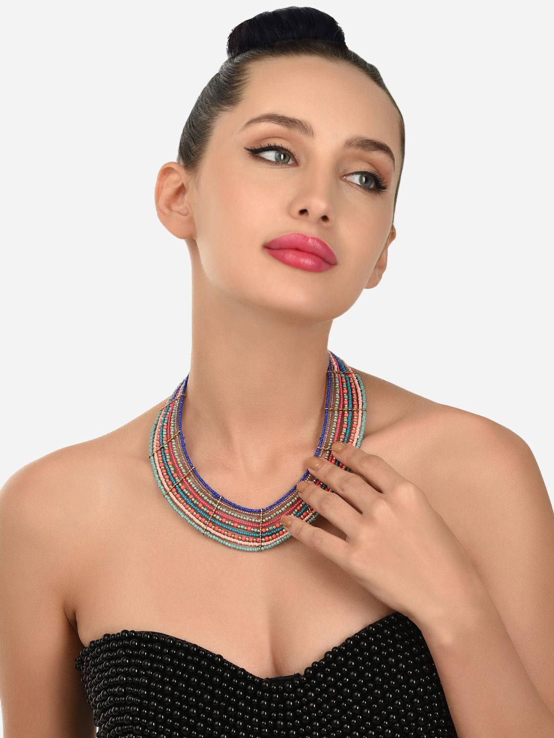 AMI Women Multicoloured Multi Stranded Beaded Bohemian Necklace Price in India