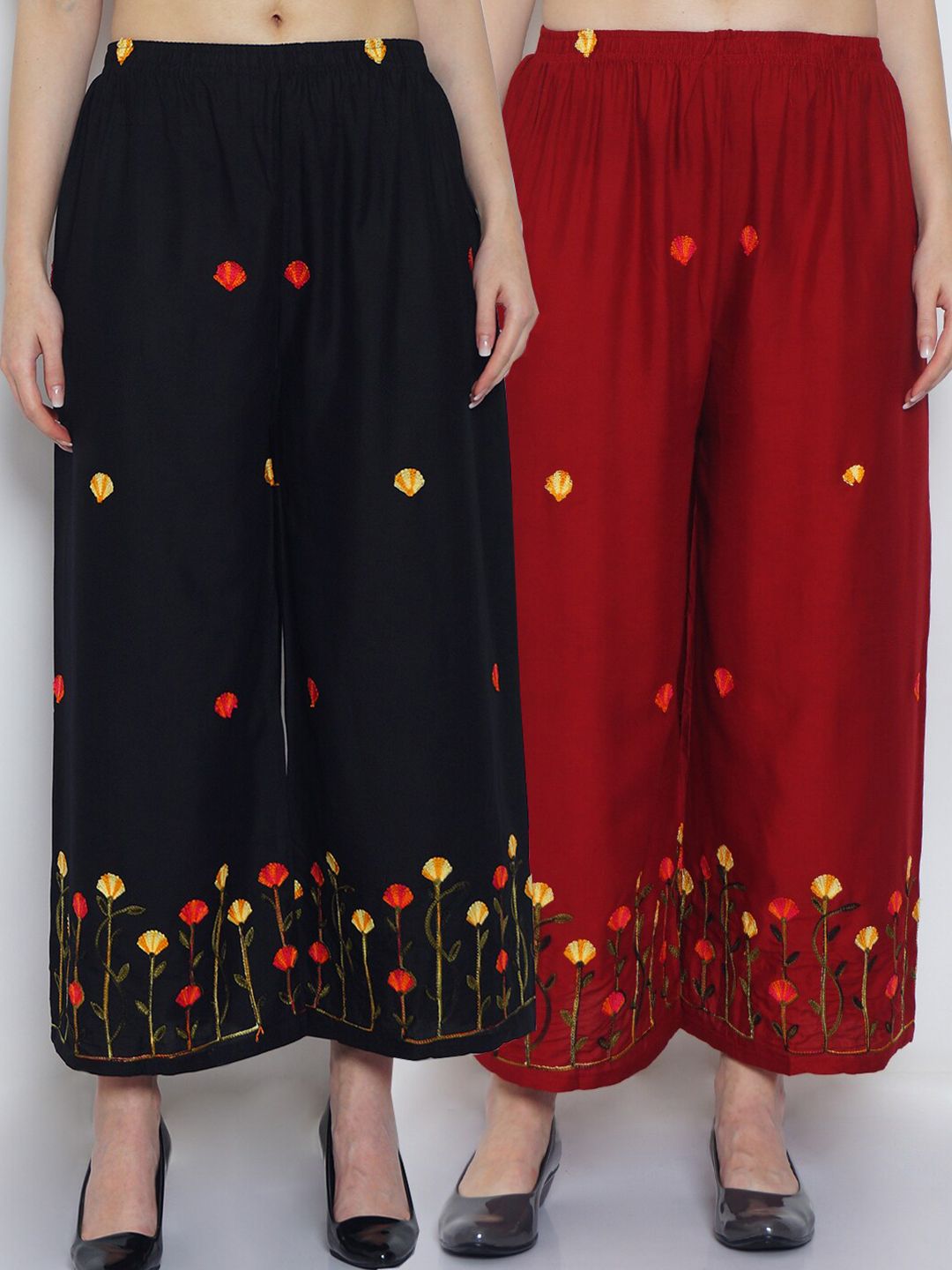 GRACIT Women Black & Maroon 2 Floral Embroidered Ethnic Palazzos Price in India