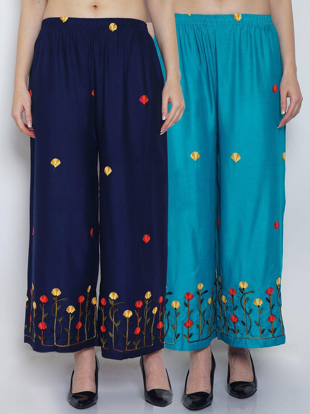 GRACIT Women Navy Blue& Turquoise Set Of 2 Floral Embroidered Flared Palazzos Price in India