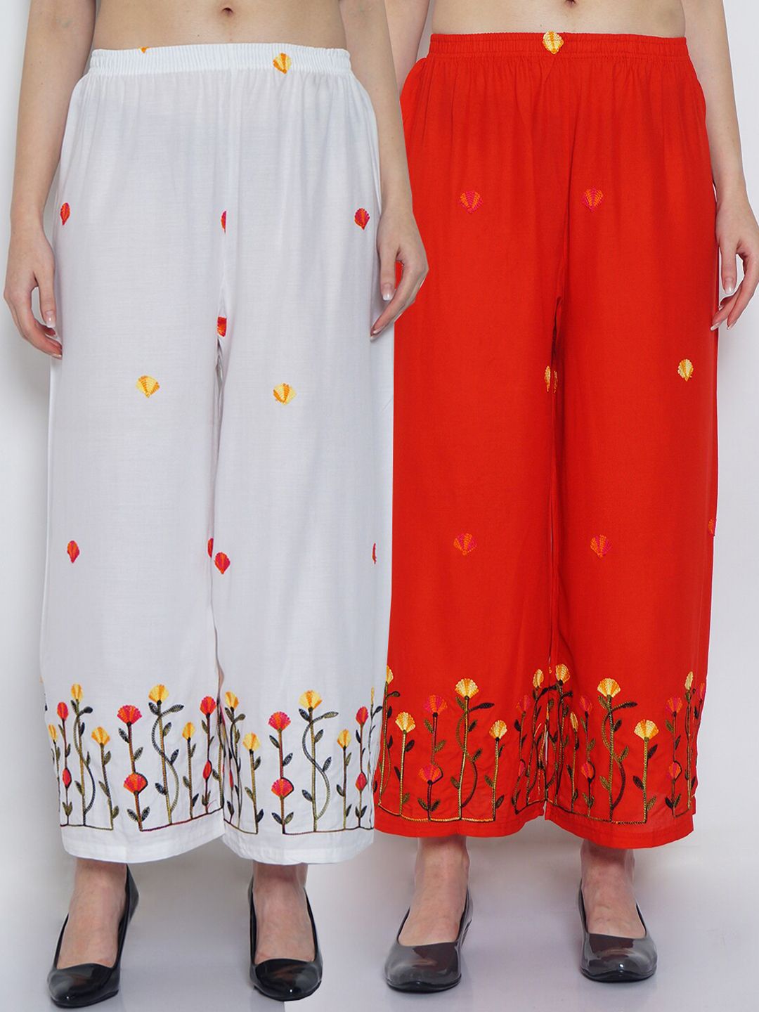 GRACIT Women White & Red Set Of 2 Floral Embroidered Flared Palazzos Price in India