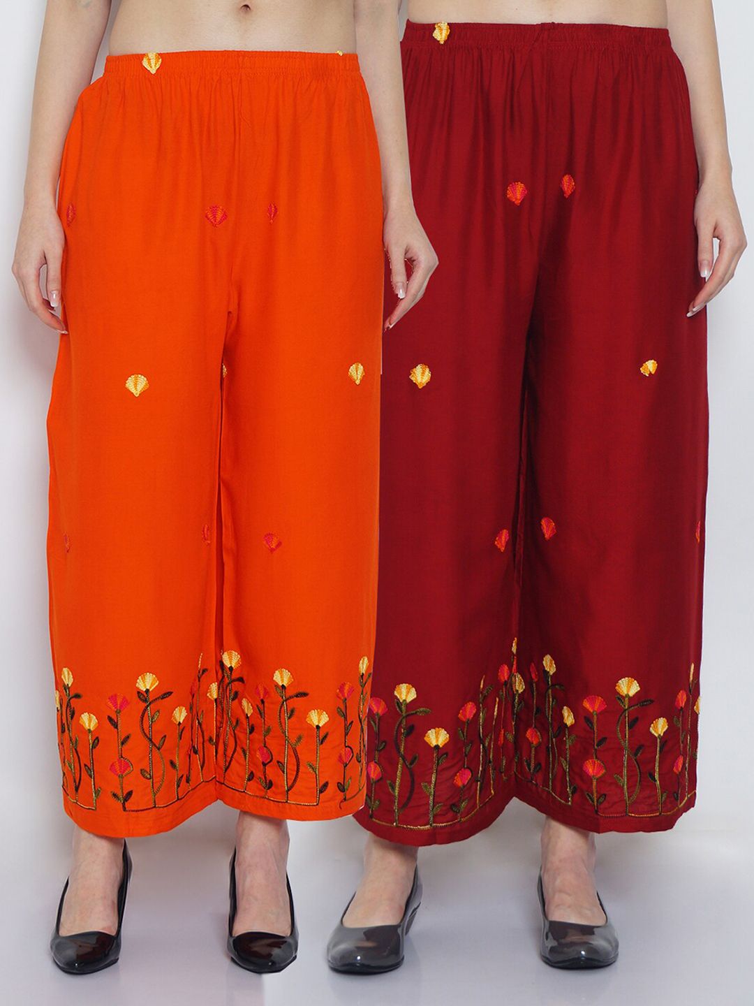 GRACIT Women Orange & Brown Set of 2 Floral Embroidered Ethnic Palazzos Price in India