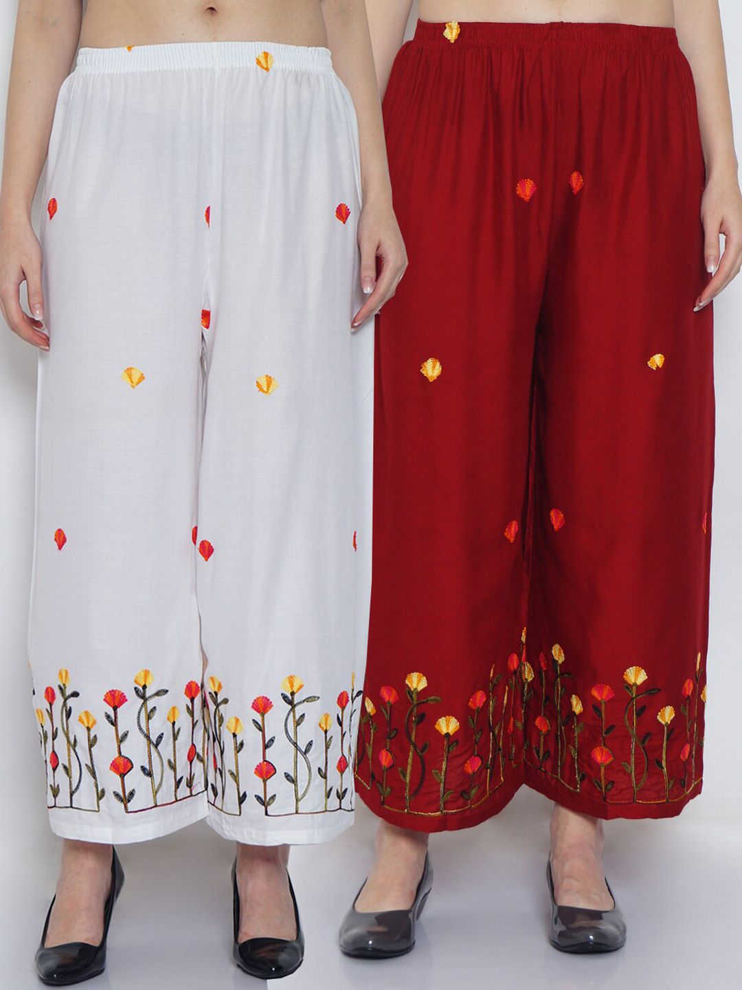 GRACIT Women White & Maroon Set of 2 Floral Embroidered Flared Knitted Ethnic Palazzos Price in India