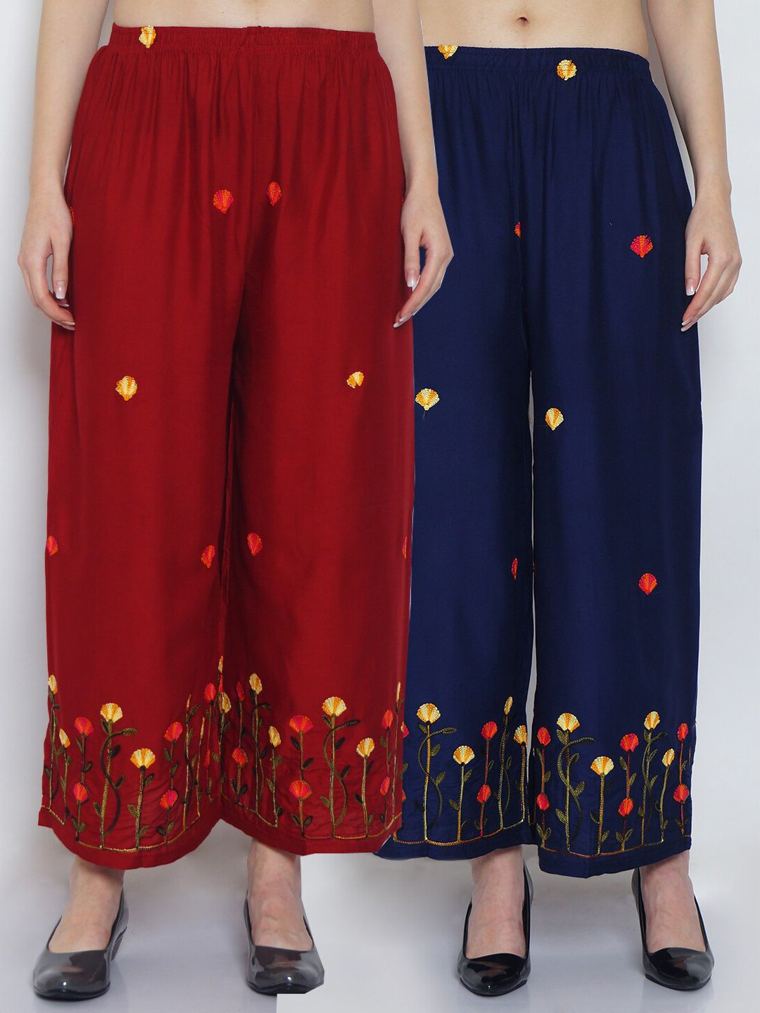 GRACIT Women Maroon & Navy Blue 2 Floral Embroidered Ethnic Palazzos Price in India