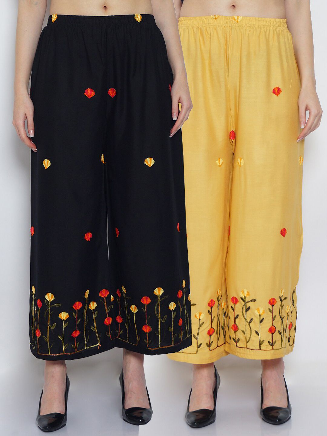 GRACIT Women Black & Yellow Set Of 2 Floral Embroidered Flared Palazzos Price in India