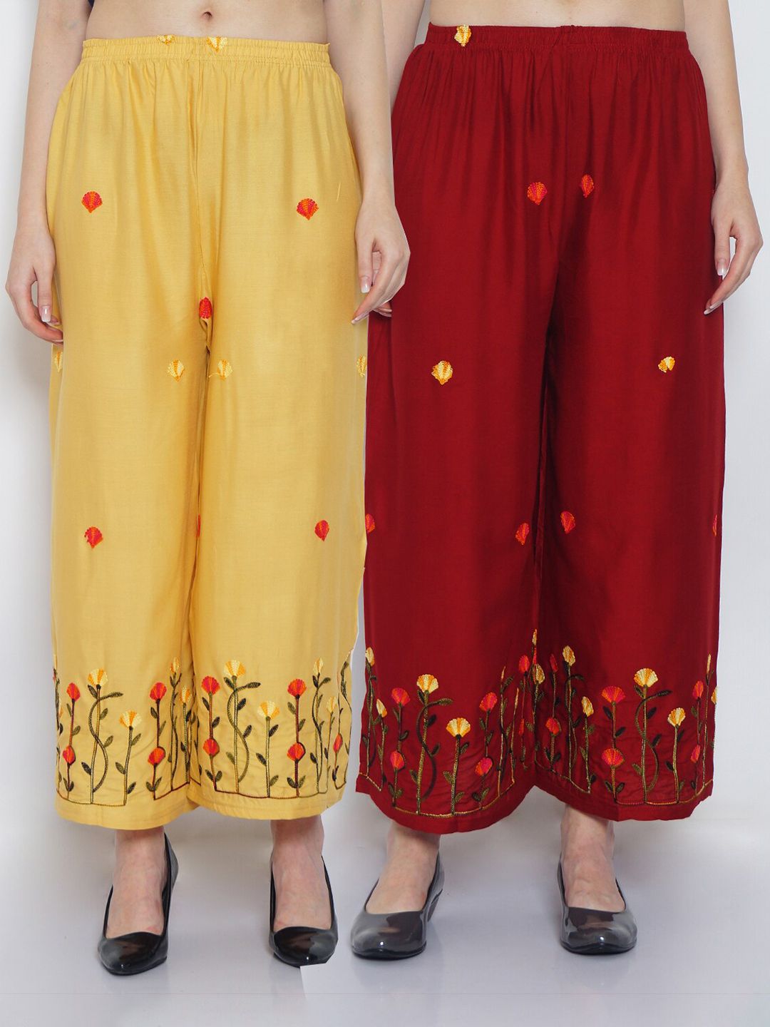 GRACIT Women Beige & Brown Set of 2 Floral Embroidered Ethnic Palazzos Price in India