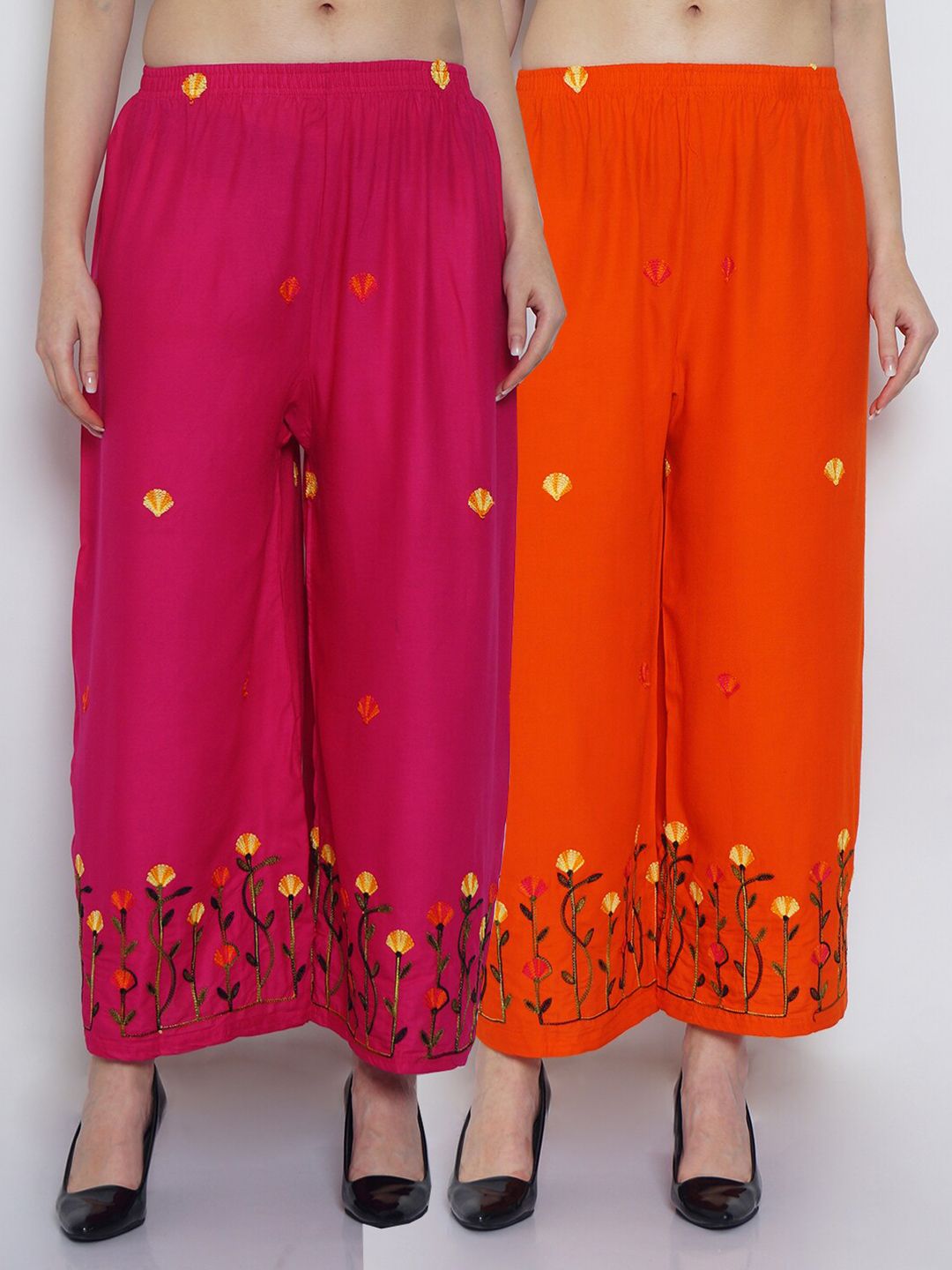 GRACIT Women Pink & Orange 2 Floral Embroidered Ethnic Palazzos Price in India