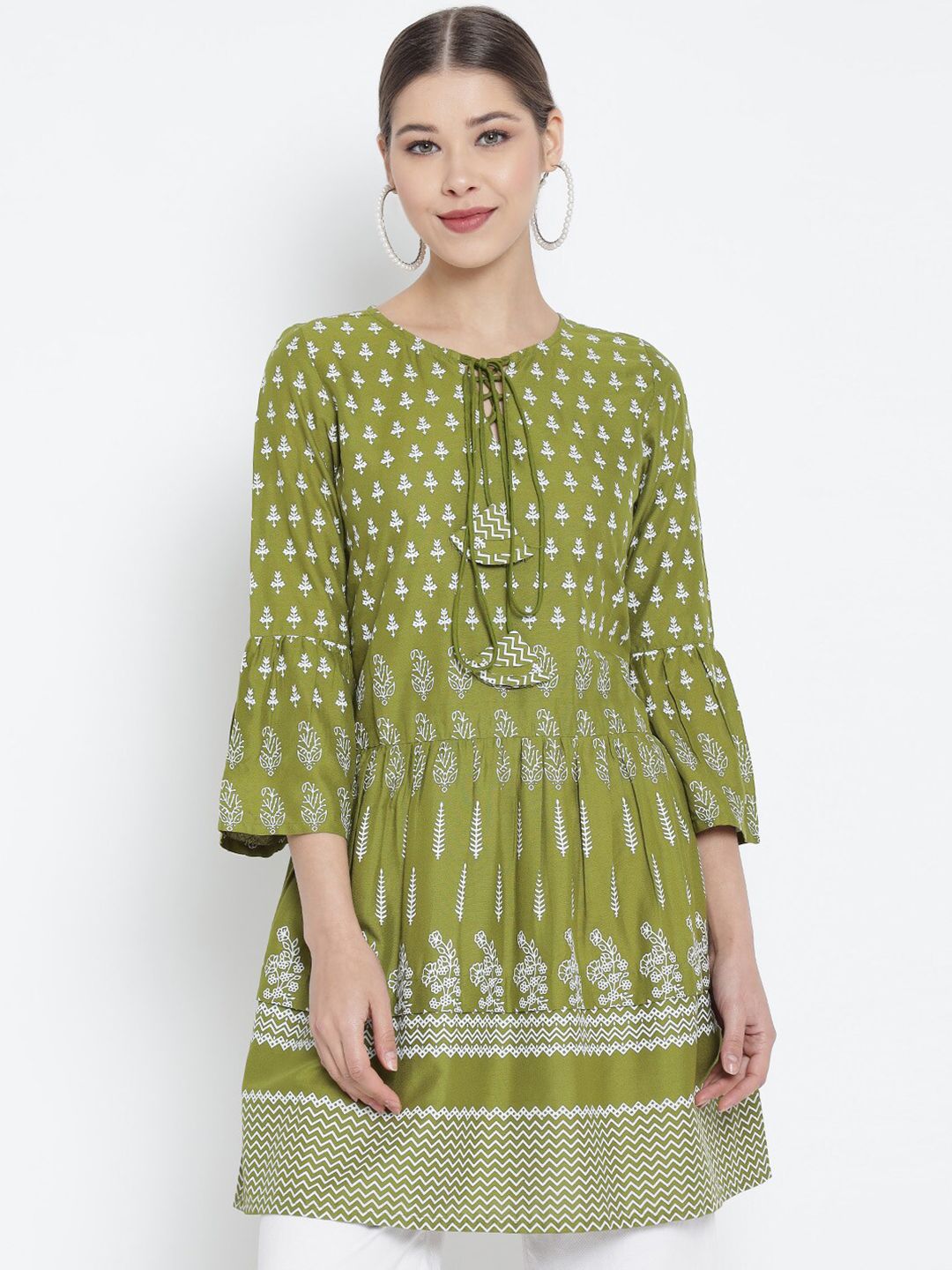 YASH GALLERY Green & White Ethnic Motifs Printed Kurti Price in India