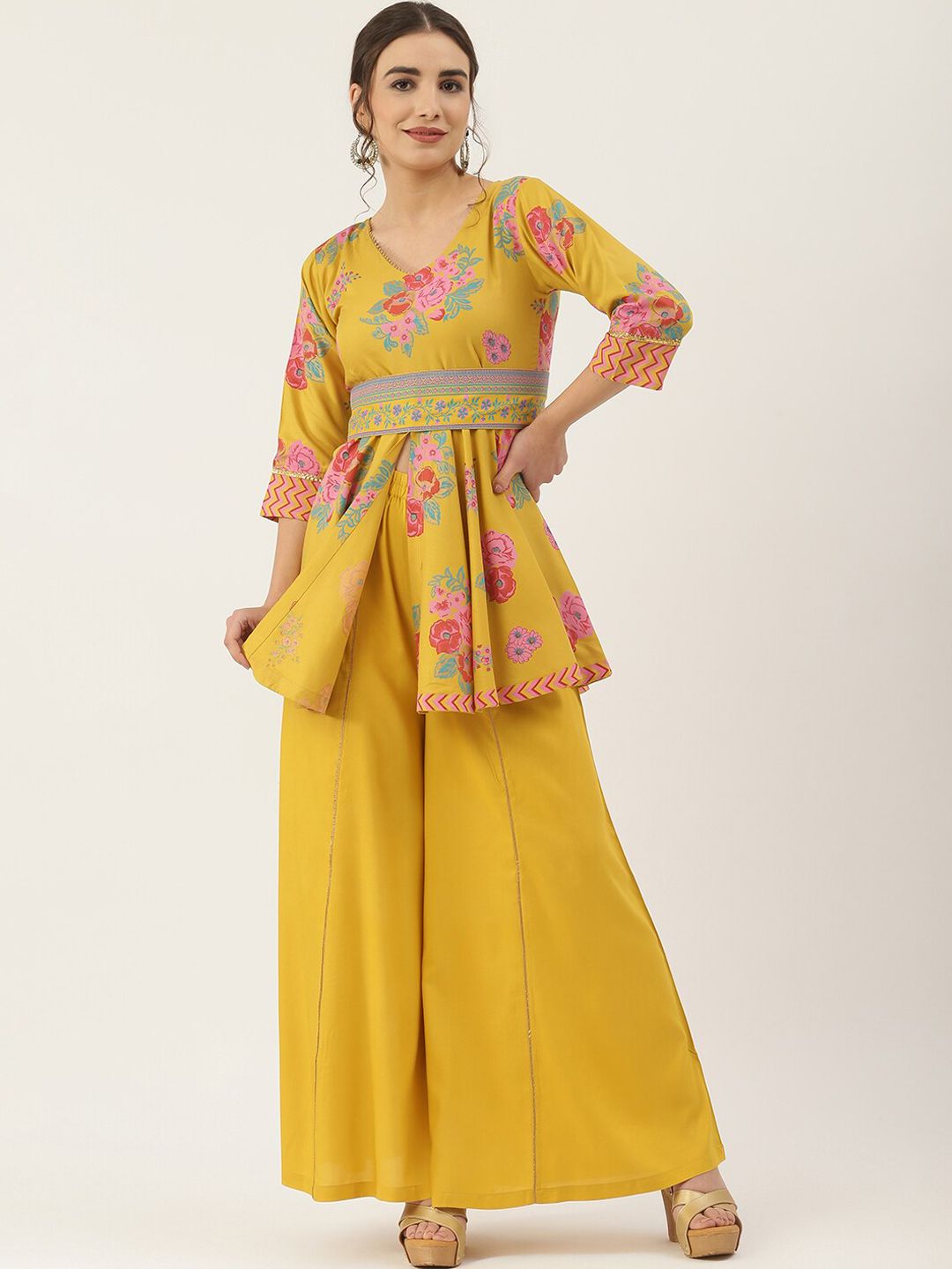 Rustorange Women Mustard Yellow Floral Printed Angrakha Kurti with Sharara Price in India