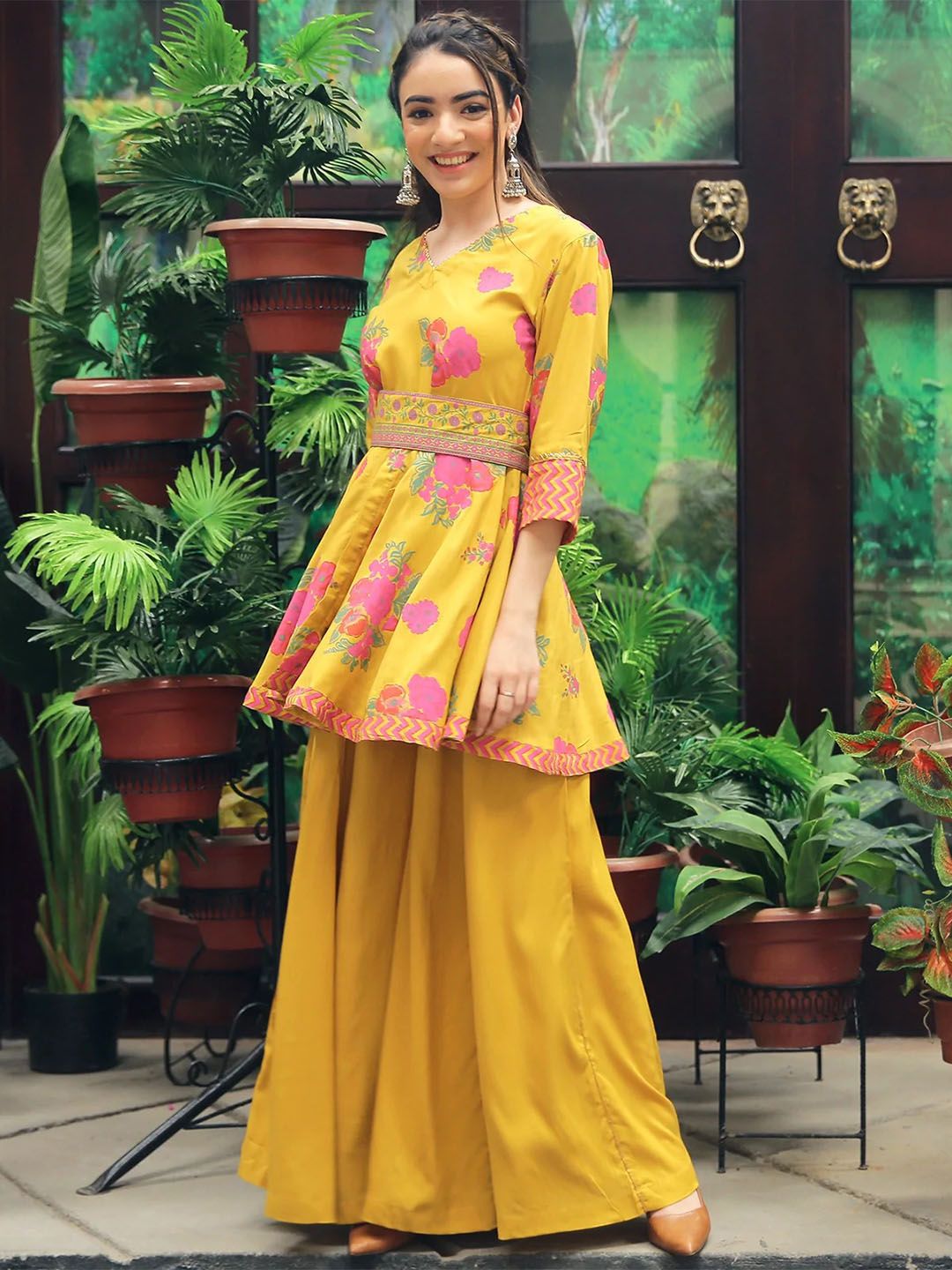 Rustorange Women Mustard Yellow Floral Printed Angrakha Kurti with Sharara