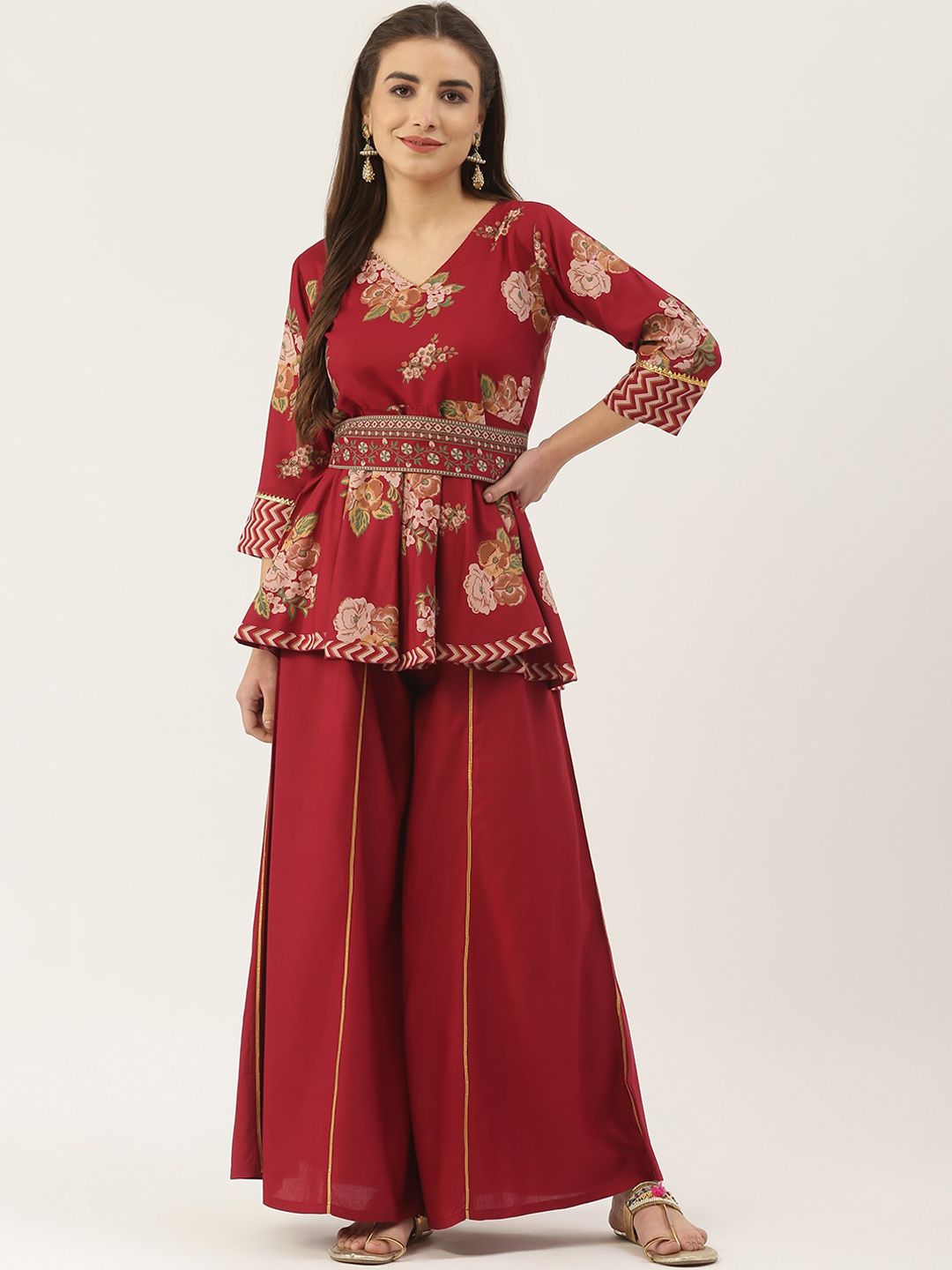 Rustorange Women Maroon Floral Printed Kurti with Sharara Price in India