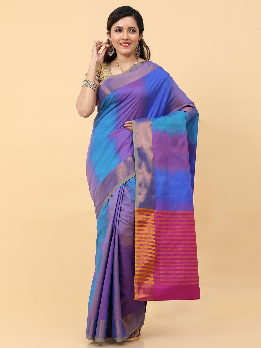 Kalamandir Blue & Purple Zardozi Pure Silk Ikat Saree Price in India