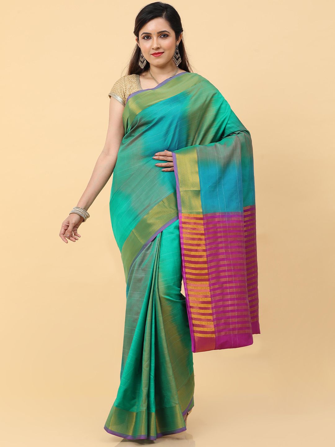 Kalamandir Green, Pink & Blue Striped Pure Silk Ikat Saree Price in India