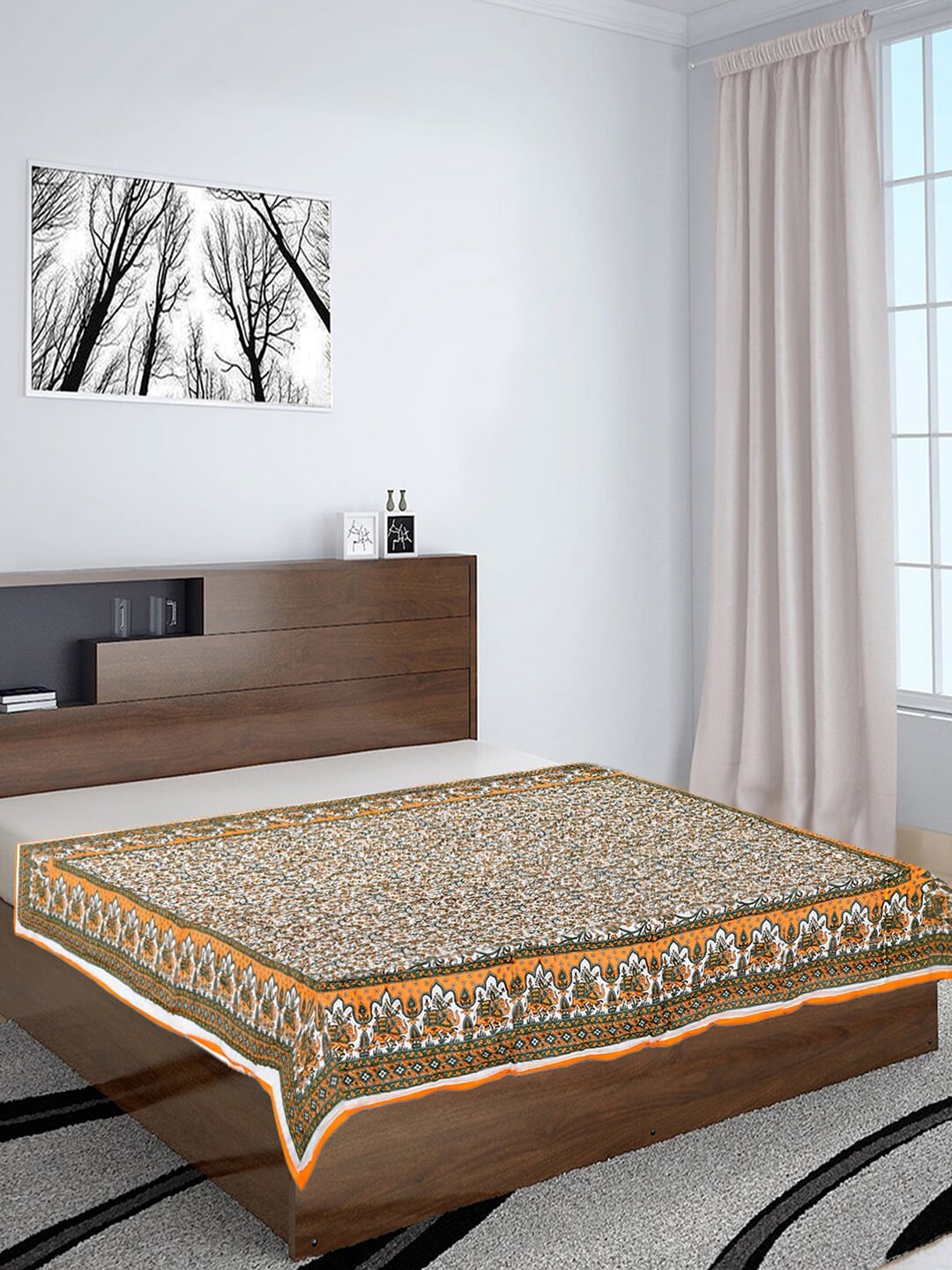 Kuber Industries Orange & White 300 GSM Double Bed Floral Mild Winter Blanket Price in India