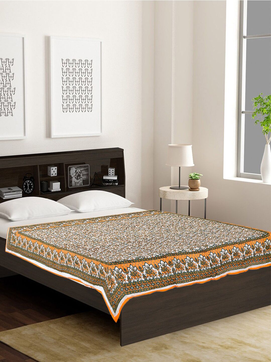 Kuber Industries Orange & Green Floral Printed Mild Winter 300 GSM Single Bed Blanket Price in India
