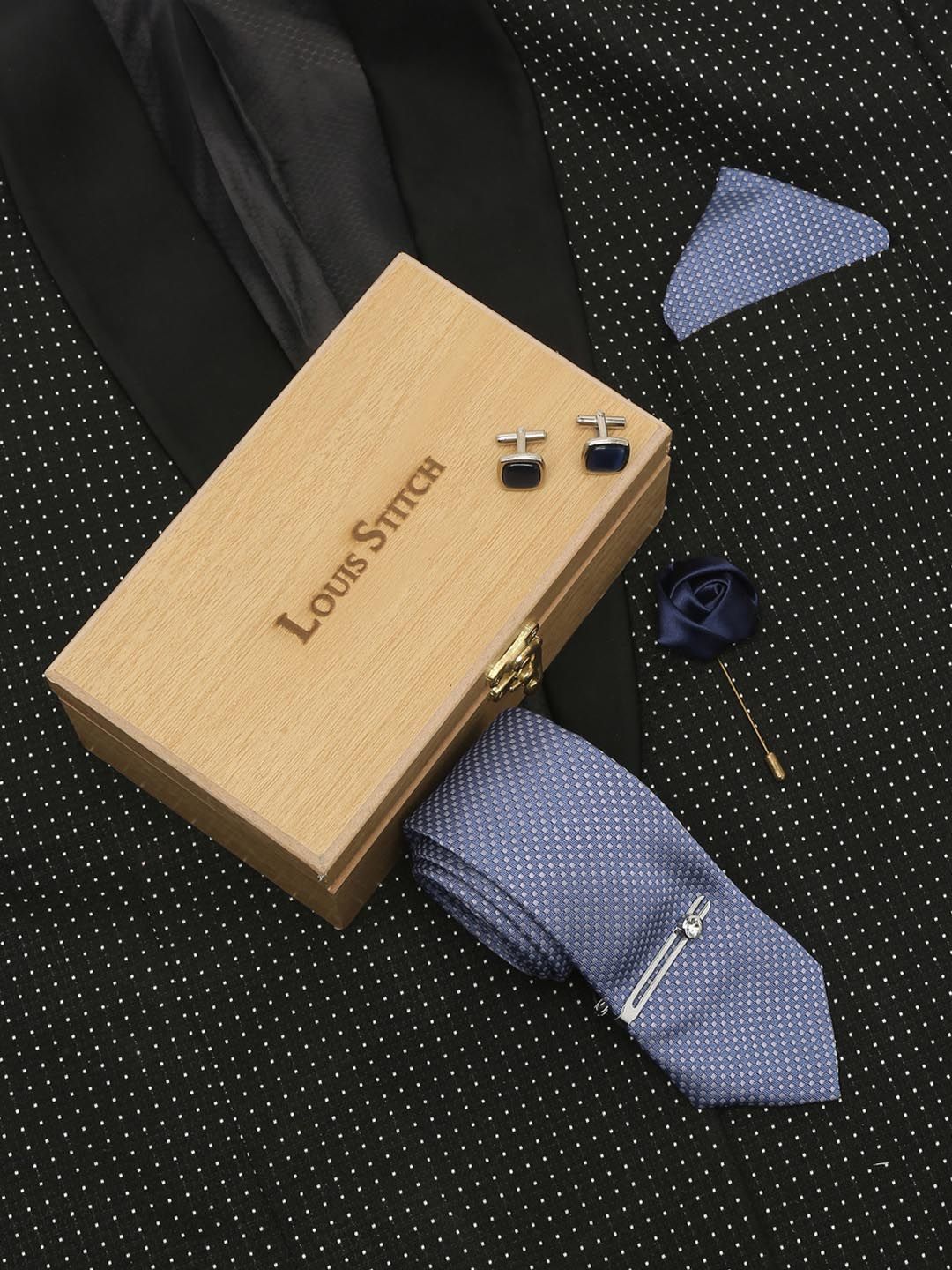 LOUIS STITCH Men Ash Blue Italian Silk Necktie Accessory Gift Set