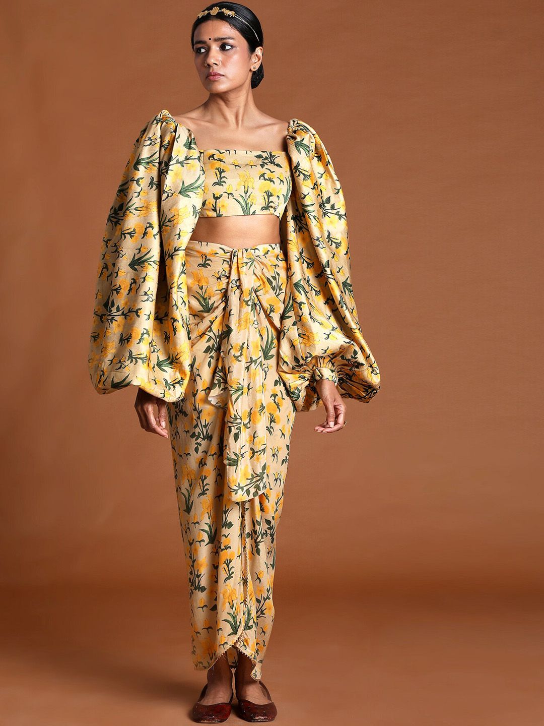 Masaba Women Beige Floral Printed Drape Skirt with Top