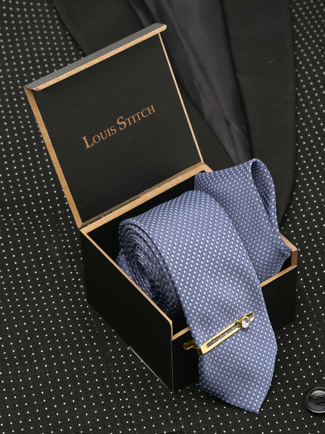 LOUIS STITCH Men Self Design Italian Silk Necktie Accessory Gift Set