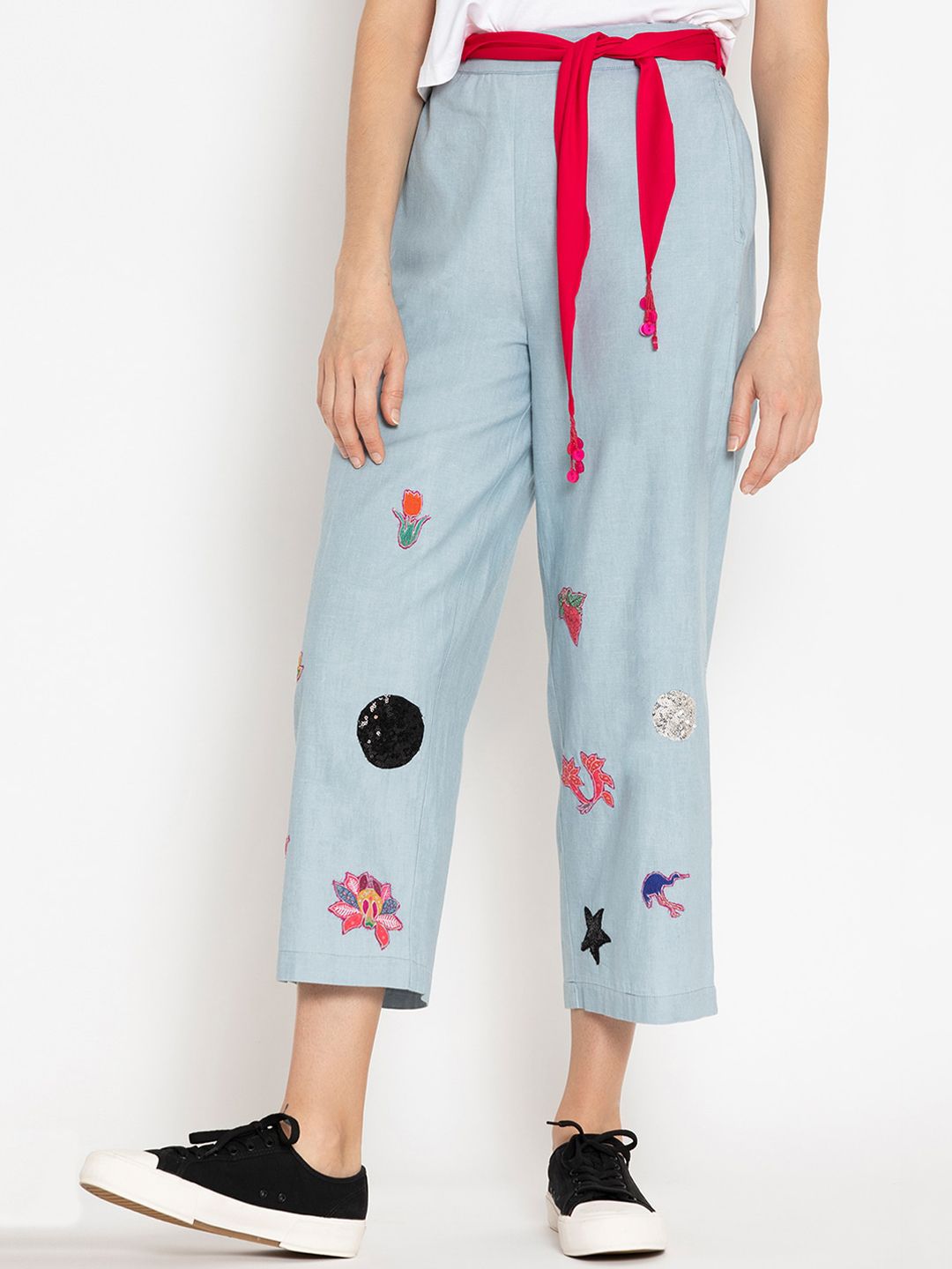 SHAYE Women Blue Embroidered Relaxed Chambray Trousers Price in India