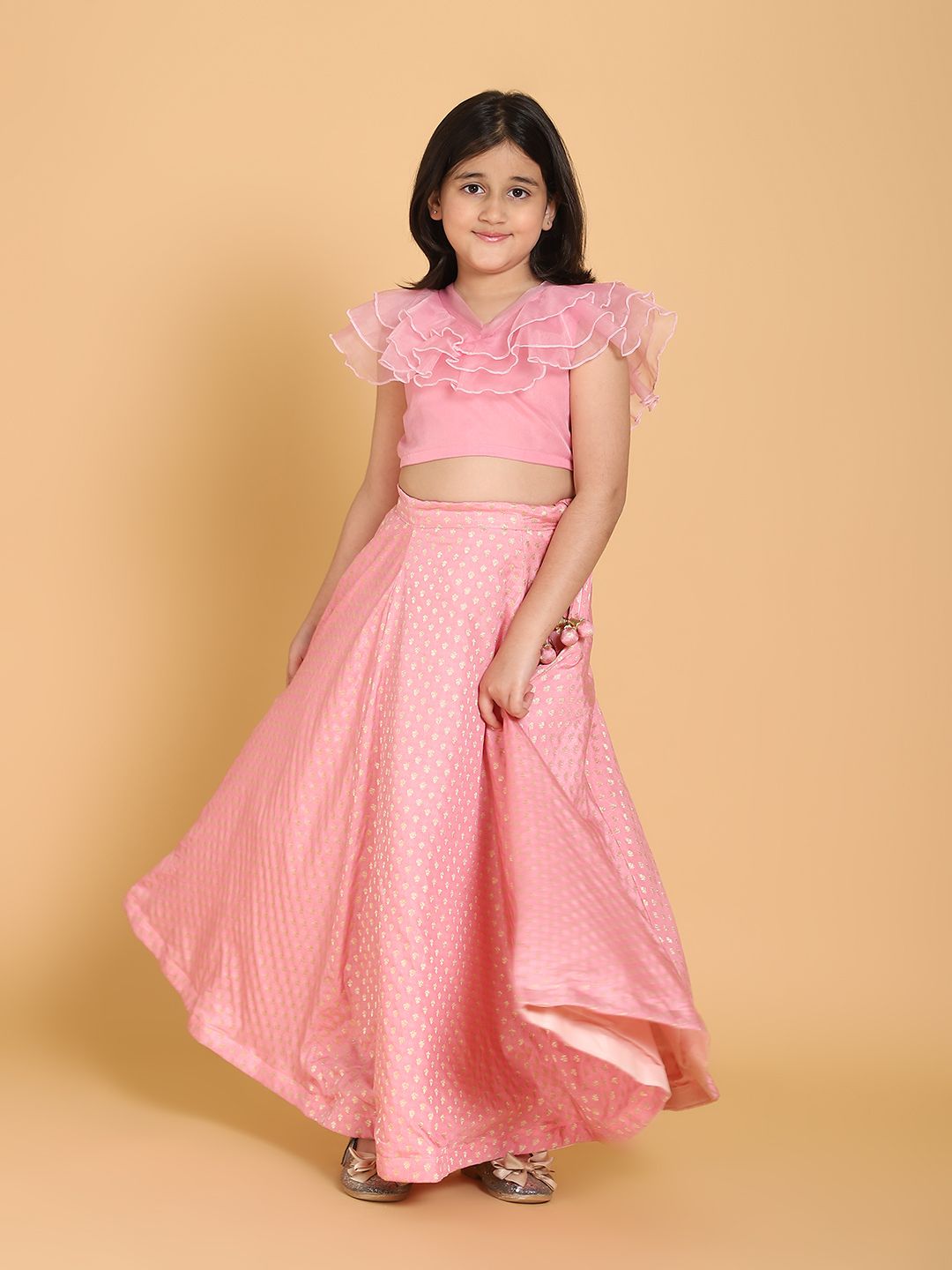 PICCOLO Girls Pink & Gold-Toned Ready to Wear Lehenga & Blouse Set