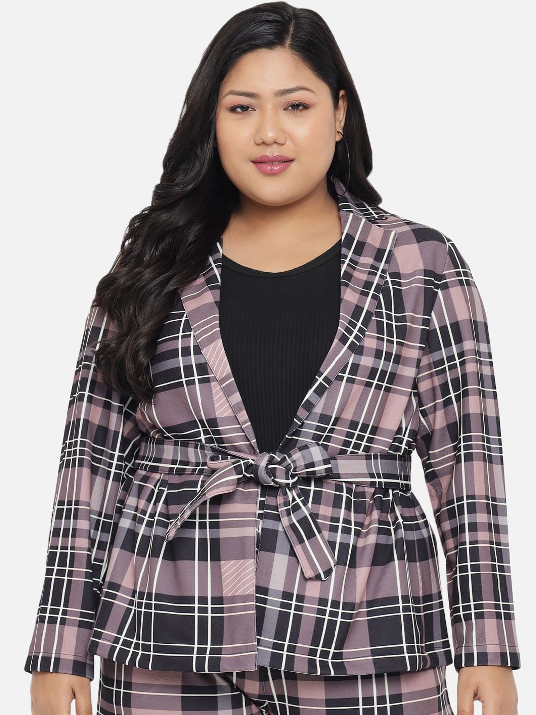 Amydus Women Plus Size Pink Checked Tailored Jacket Price in India