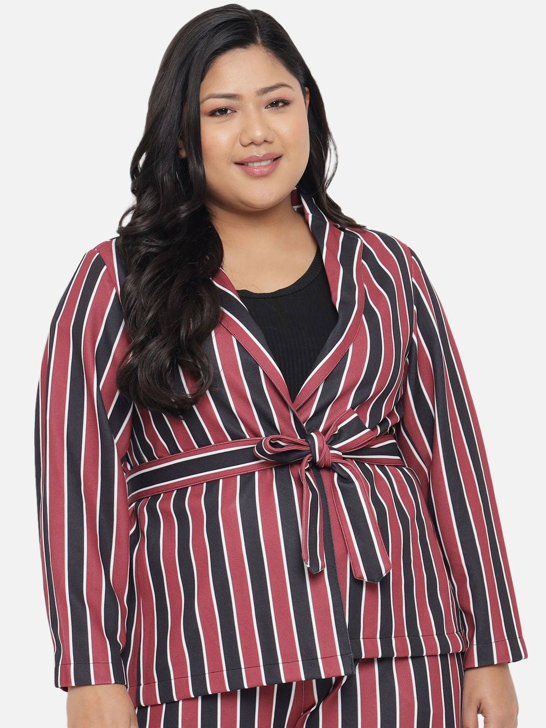 Amydus Women Red Navy Blue Striped Plus Size Tailored Jacket Price in India