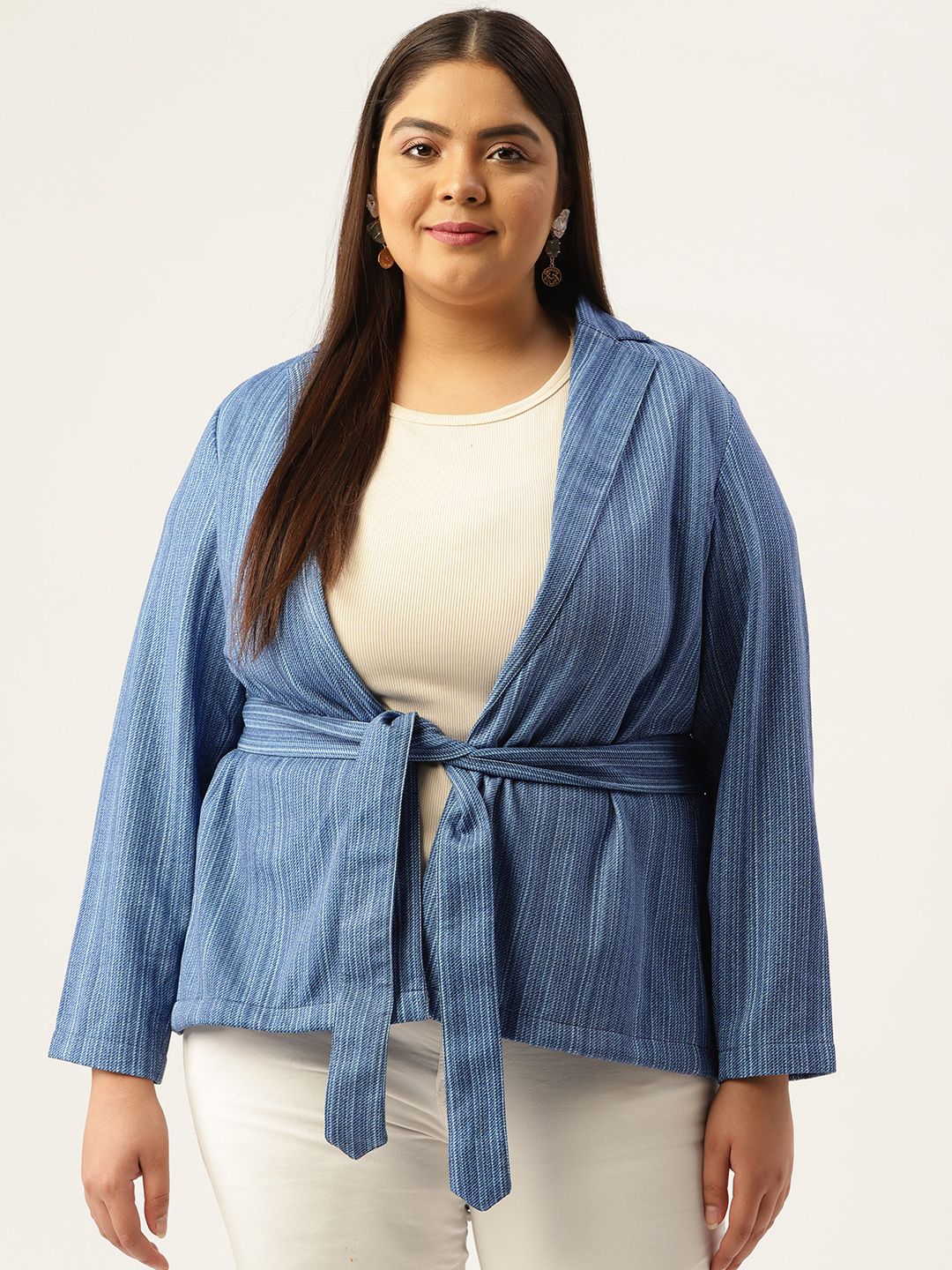 Amydus Women Plus Size Blue Striped Tailored Jacket Price in India