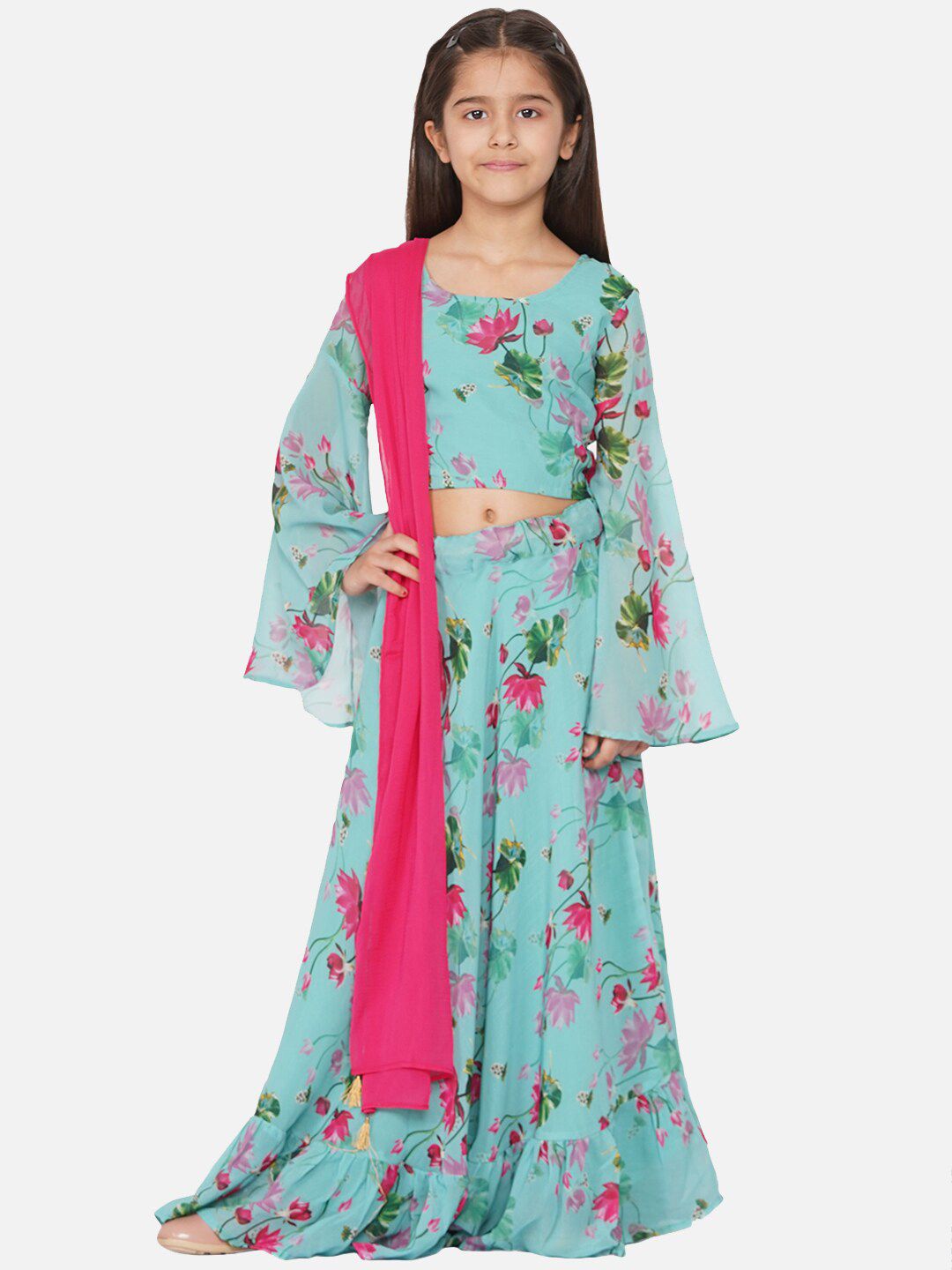 titliyan Girls Blue & Pink Printed Ready to Wear Lehenga & Blouse With Dupatta