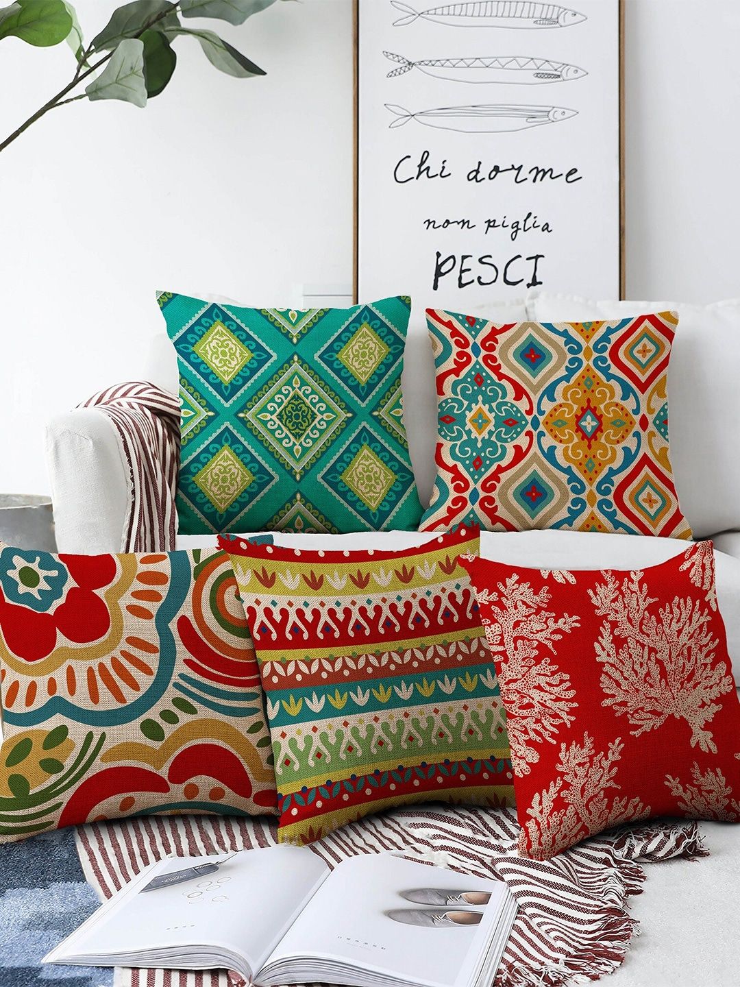 AEROHAVEN Red & Blue Set Of 5 Ethnic Motif Printed Square Cushion Covers Price in India