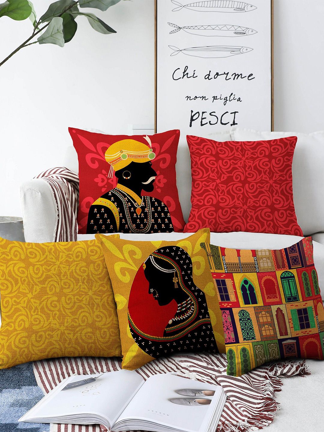 AEROHAVEN Red & Yellow Set Of 5 Ethnic Motif Printed Square Cushion Covers Price in India