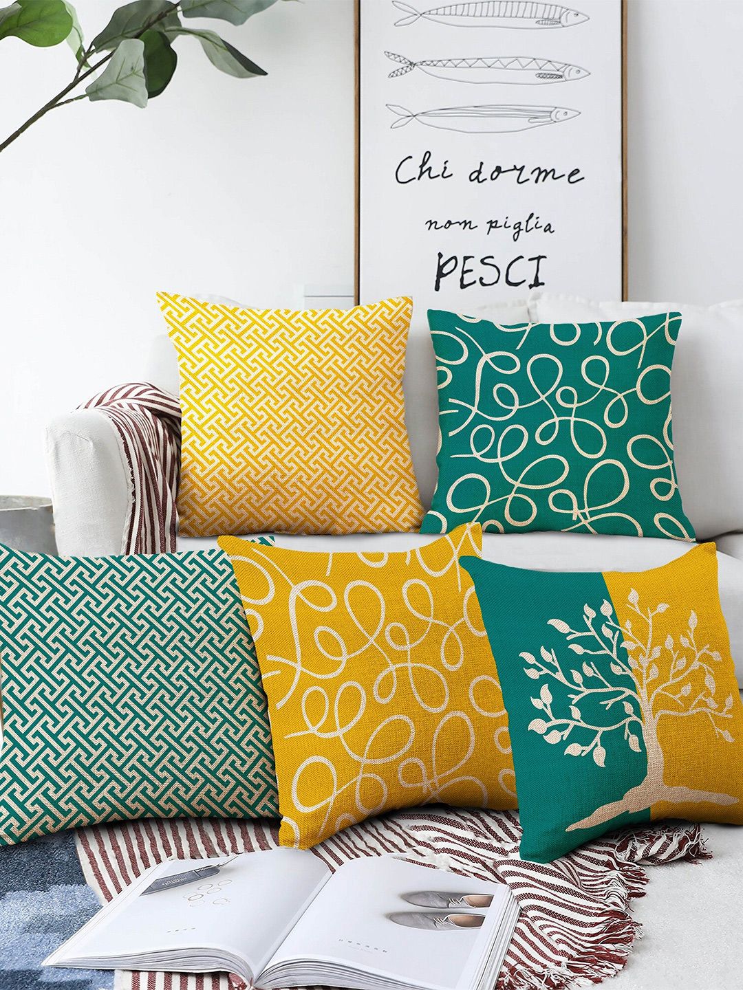 AEROHAVEN Blue & Yellow Set of 5 Abstract Square Cushion Covers Price in India