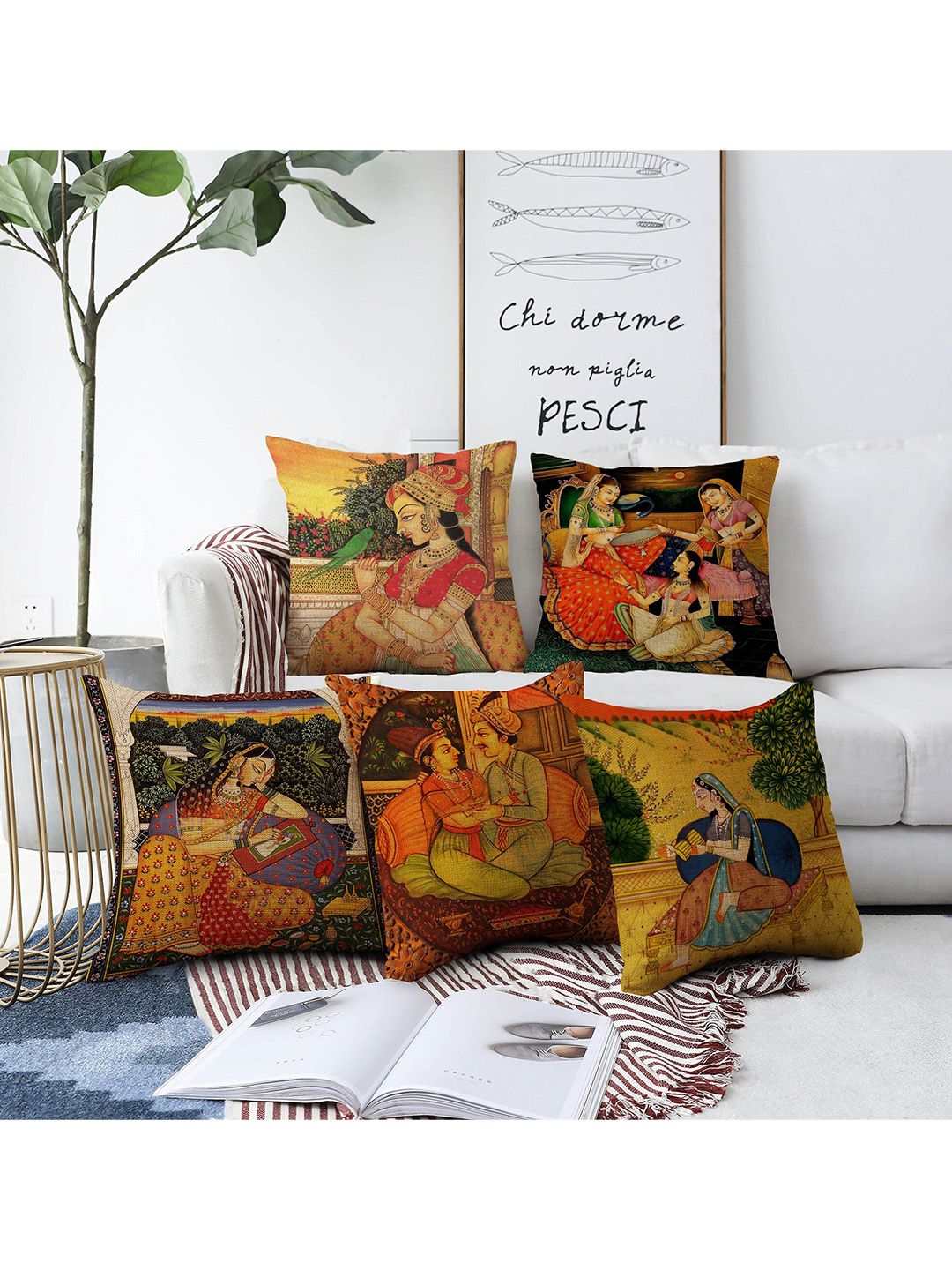 AEROHAVEN Red & Green 5 Pieces Self Design Square Cushion Covers