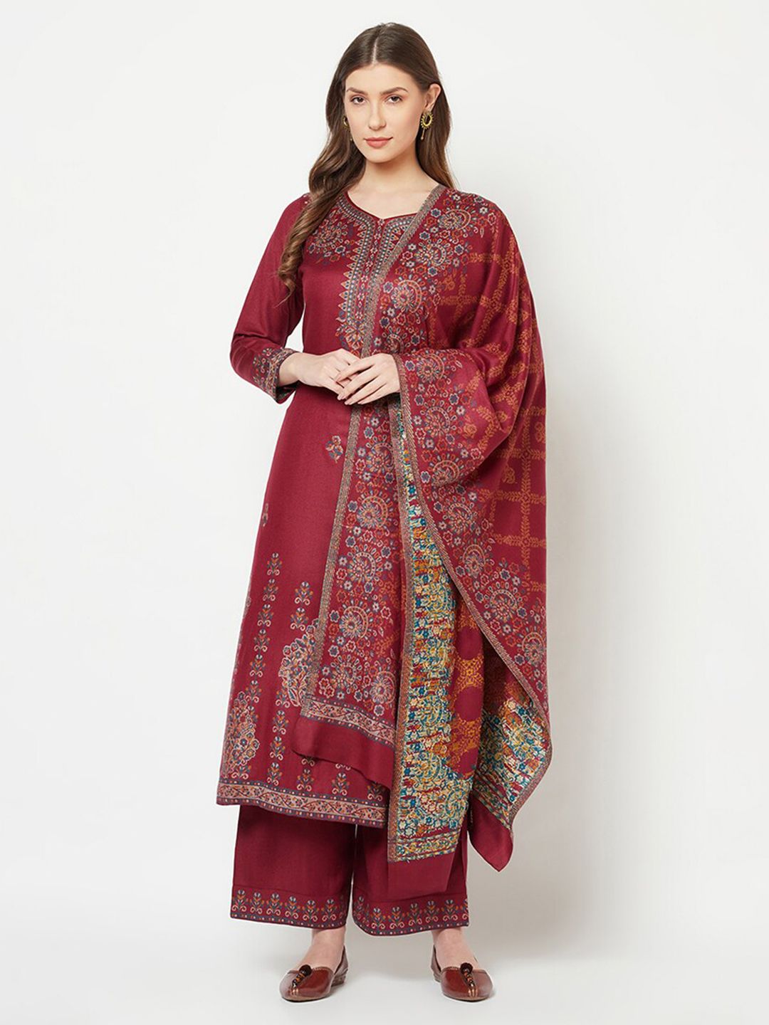 Safaa Maroon & Orange Woven Design Unstitched Dress Material With Dupatta
