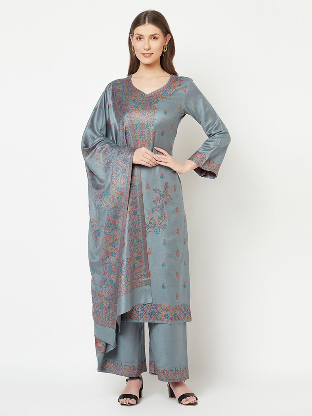 Safaa Women Grey Woven Design Wool Unstitched Dress Material Price in India