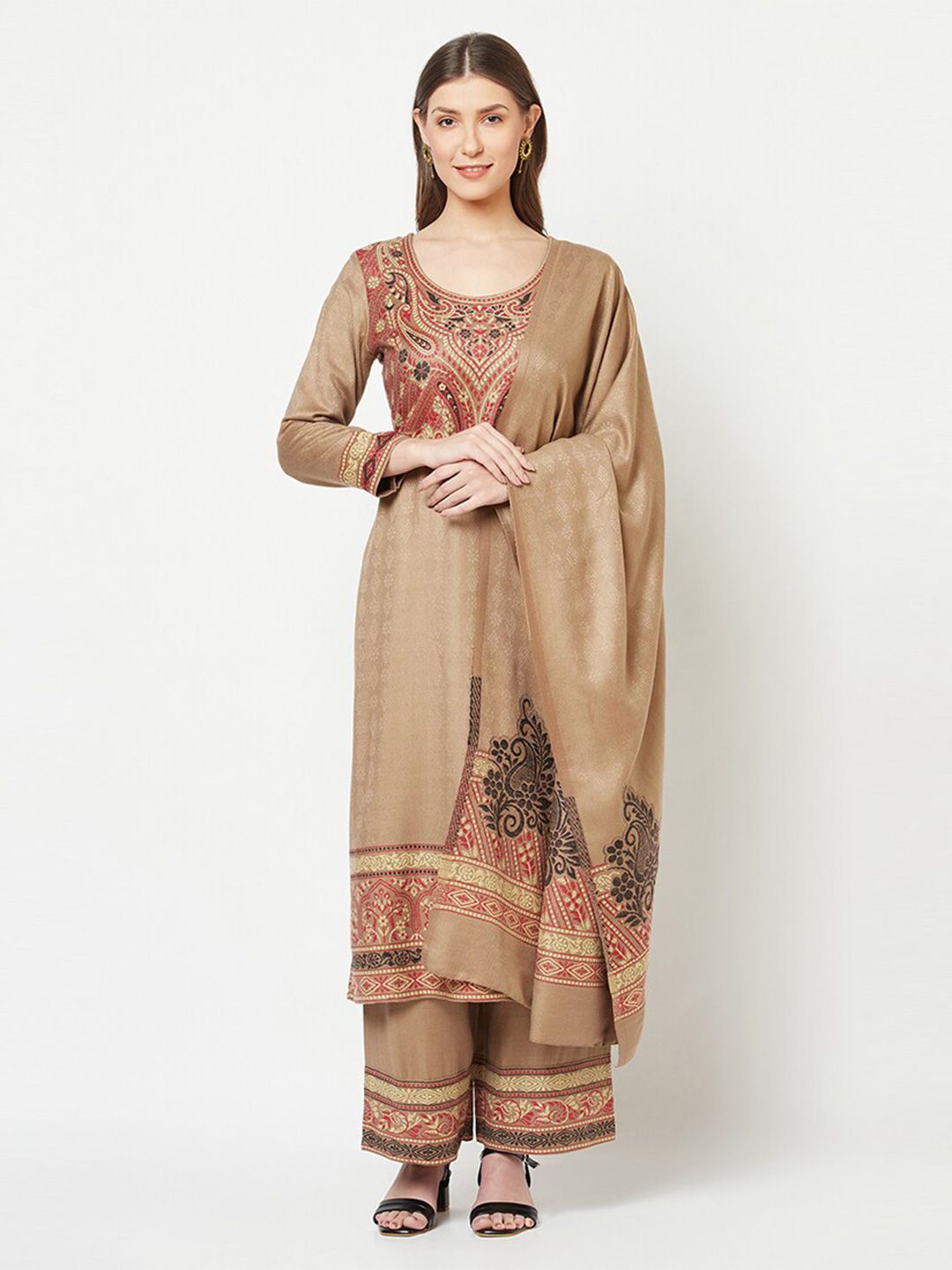 Safaa Beige & Black Winter Unstitched Dress Material Price in India