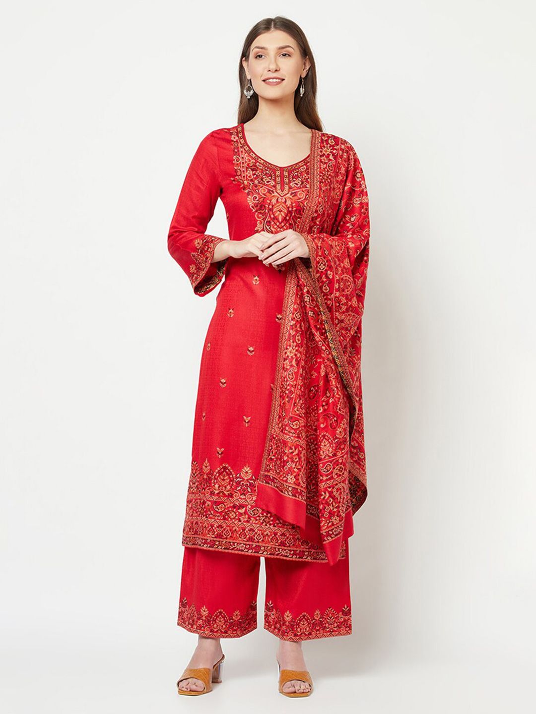 Safaa Red & Cream-Coloured Viscose Rayon Unstitched Dress Material Price in India