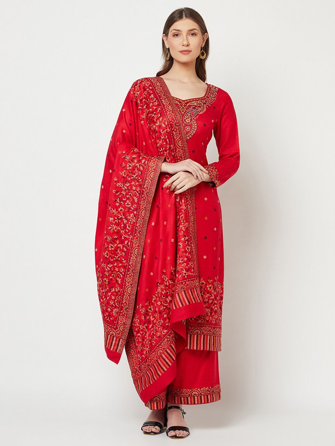 Safaa Red & Brown Winter Unstitched Dress Material Price in India
