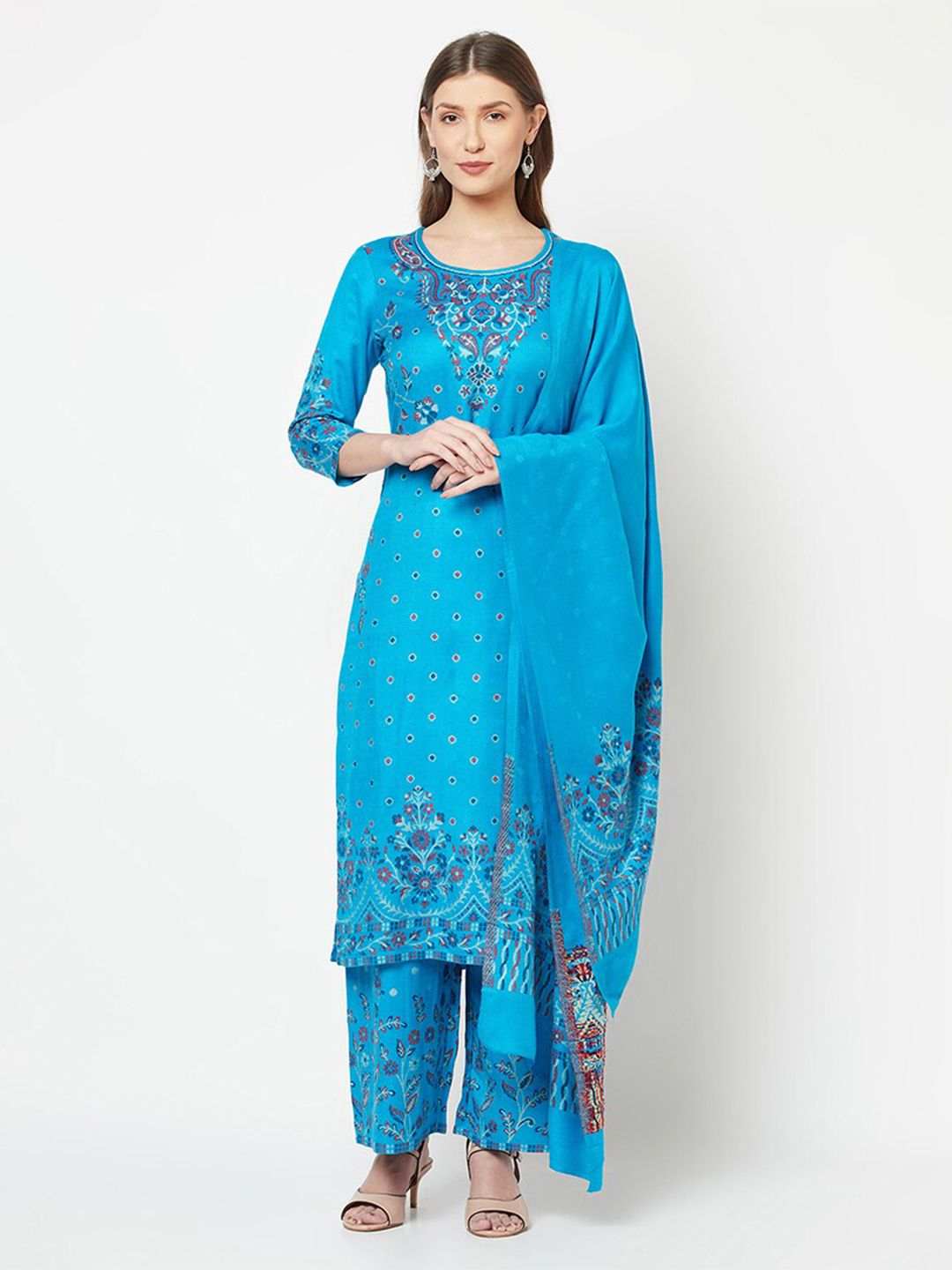 Safaa Blue & Red Viscose Rayon Unstitched Dress Material Price in India