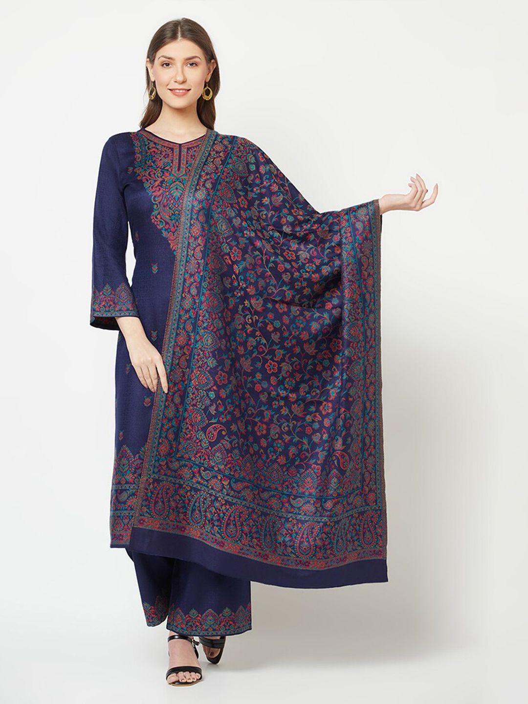 Safaa Navy Blue & Pink Winter Unstitched Dress Material Price in India